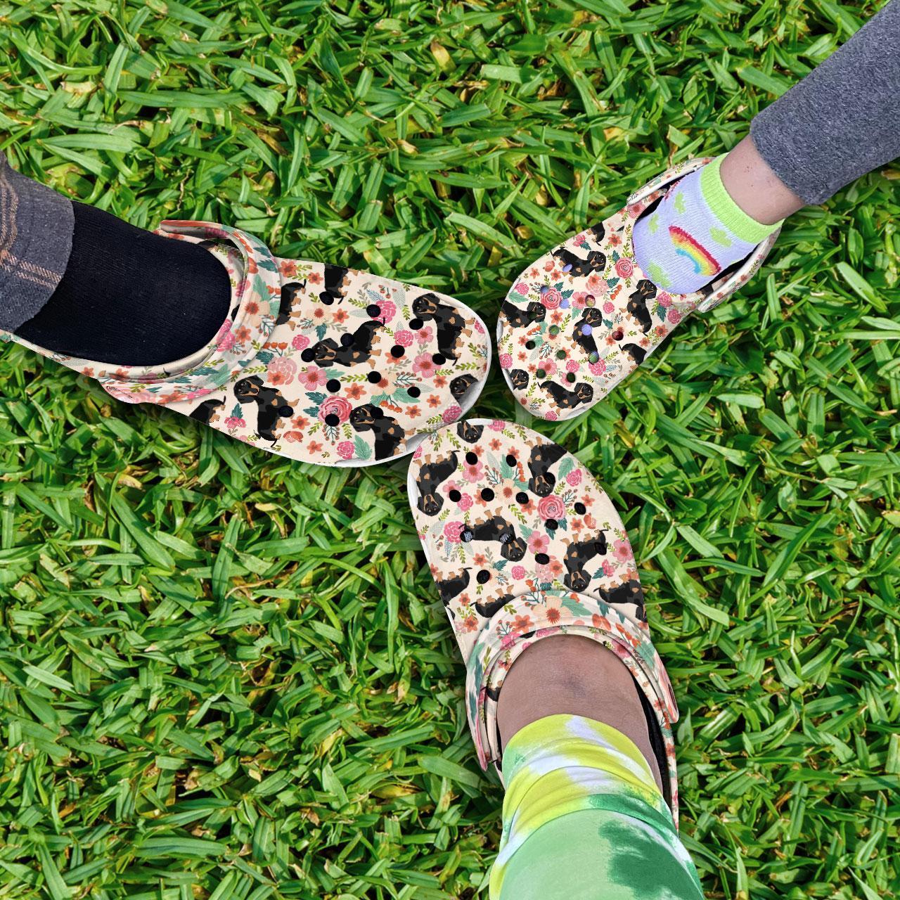 Merchidea Black Dachshund Floral Crocs Crocband Clogs Shoes Comfortable For Men Women and Kids