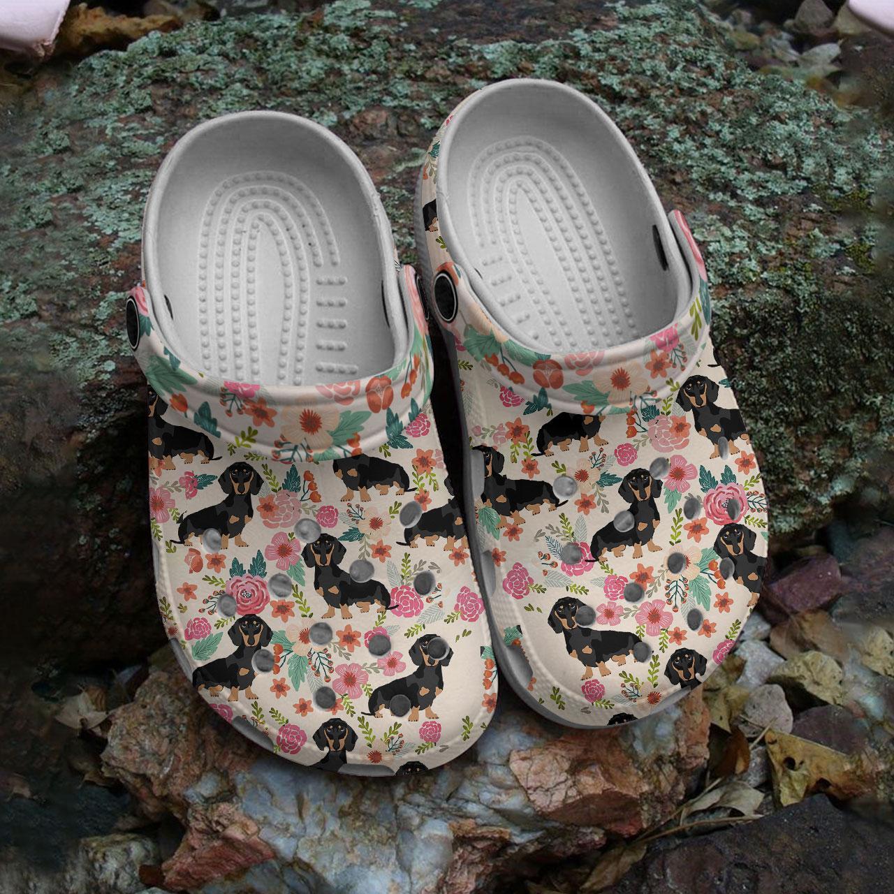 Merchidea Black Dachshund Floral Crocs Crocband Clogs Shoes Comfortable For Men Women and Kids