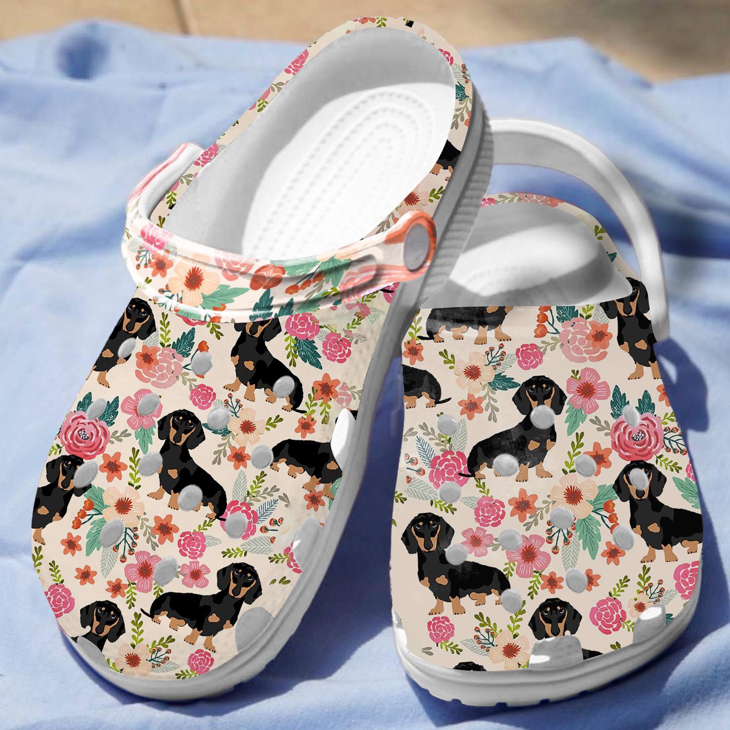 Merchidea Black Dachshund Floral Crocs Crocband Clogs Shoes Comfortable For Men Women and Kids