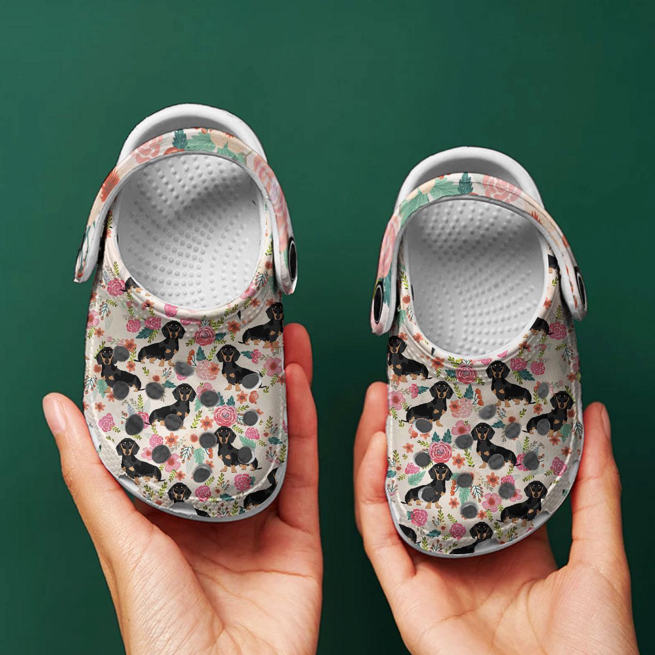 Merchidea Black Dachshund Floral Crocs Crocband Clogs Shoes Comfortable For Men Women and Kids