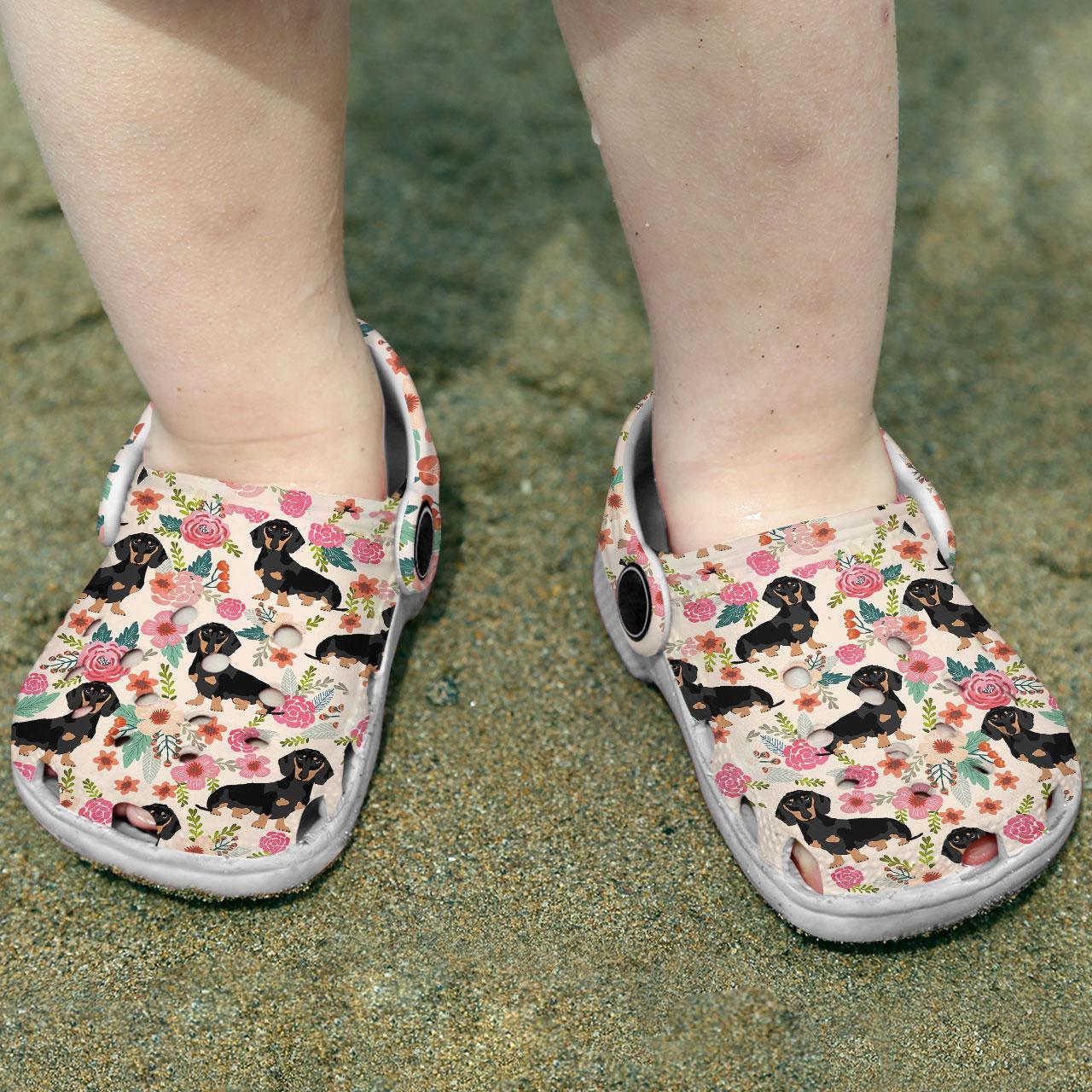 Merchidea Black Dachshund Floral Crocs Crocband Clogs Shoes Comfortable For Men Women and Kids