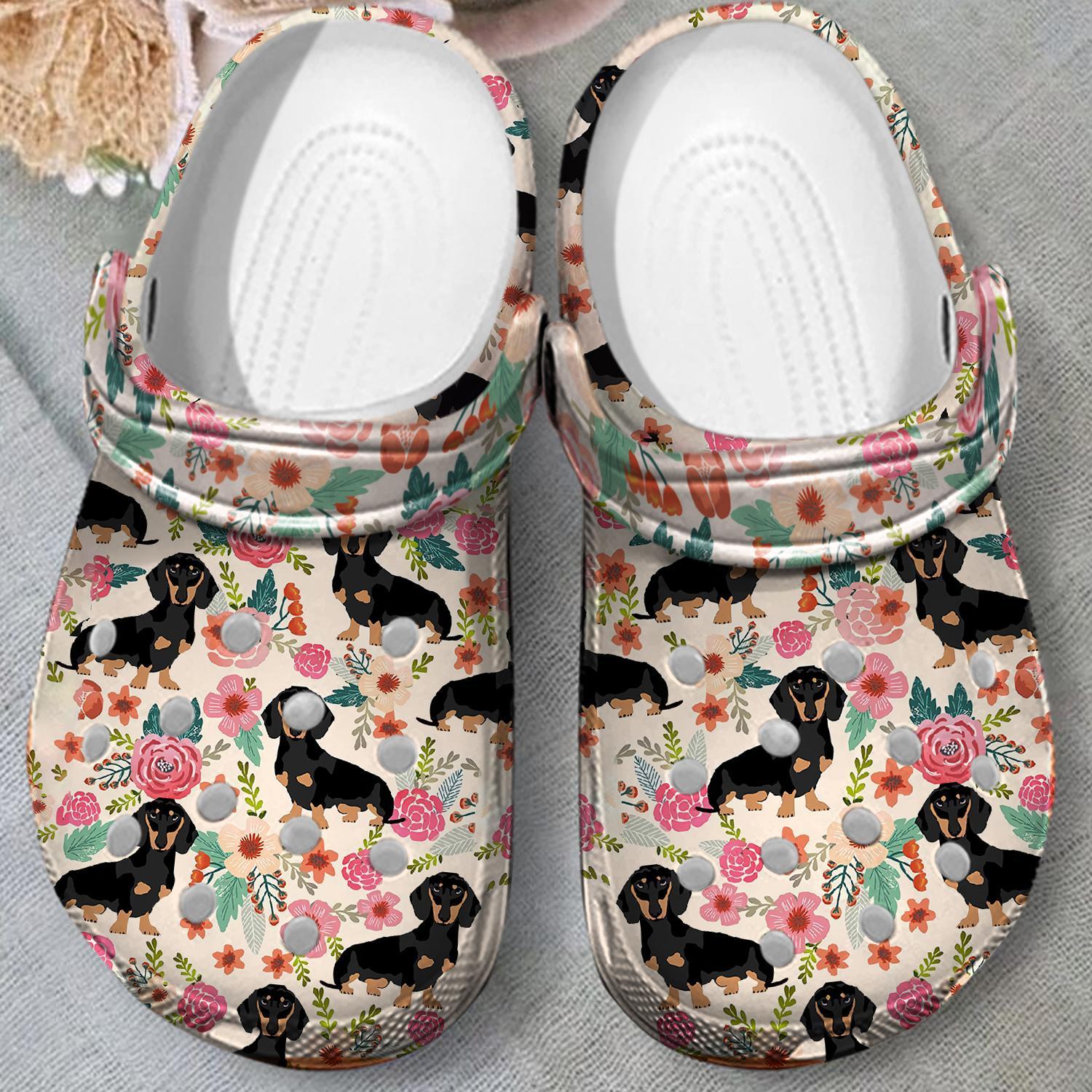 Merchidea Black Dachshund Floral Crocs Crocband Clogs Shoes Comfortable For Men Women and Kids