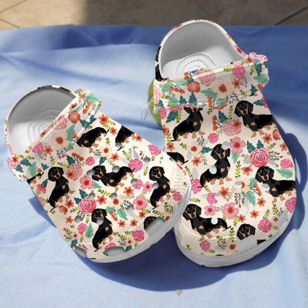 Merchidea Black Dachshund Floral Crocs Crocband Clogs Shoes Comfortable For Men Women and Kids
