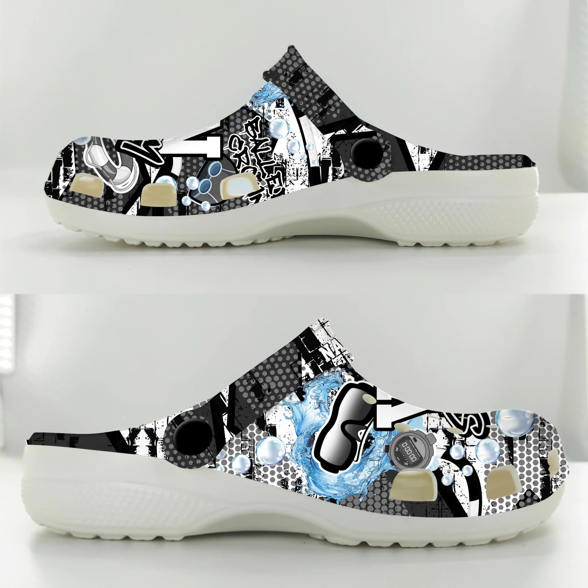 Merchidea Black Graffiti Swimming Sport Crocs Crocband Clogs Shoes Comfortable For Men Women and Kids