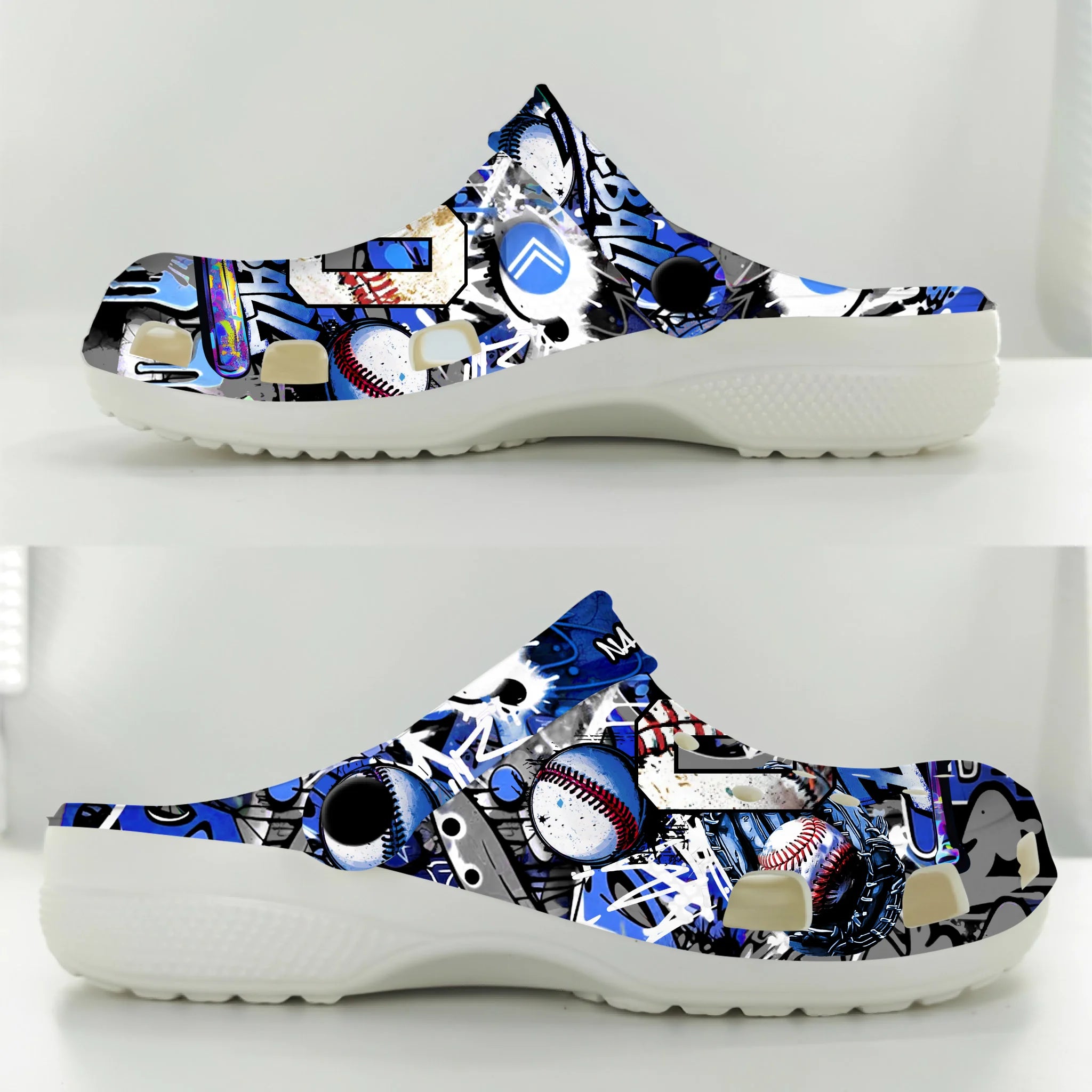 Merchidea Blue Graffiti Baseball Sport Crocs Crocband Clogs Shoes Comfortable For Men Women and Kids