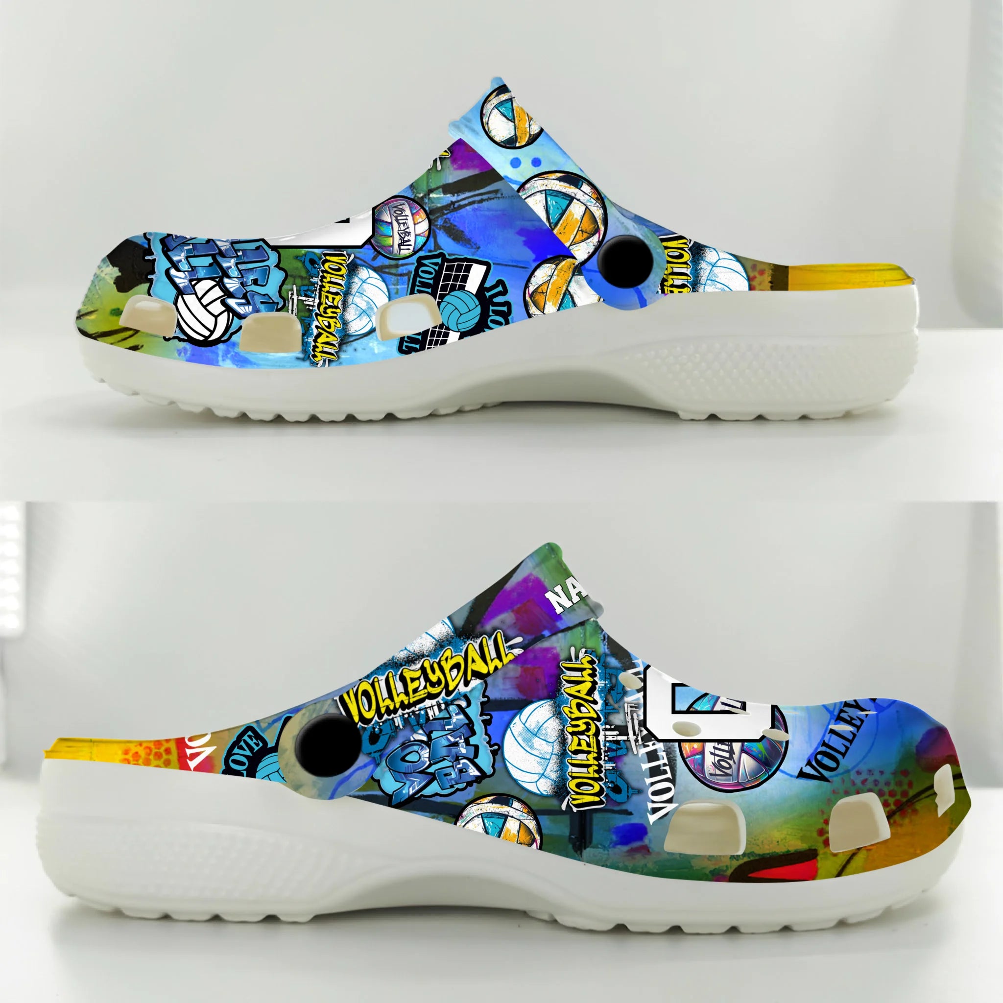 Merchidea Blue Yellow Graffiti Volleyball Sport Crocs Crocband Clogs Shoes Comfortable For Men Women and Kids