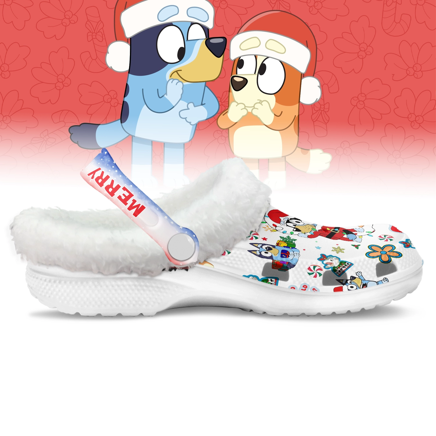 Merchidea Bluey x Christmas Crocs Crocband Fleece Lined Clogs Shoes Comfortable For Men Women and Kids In Winter