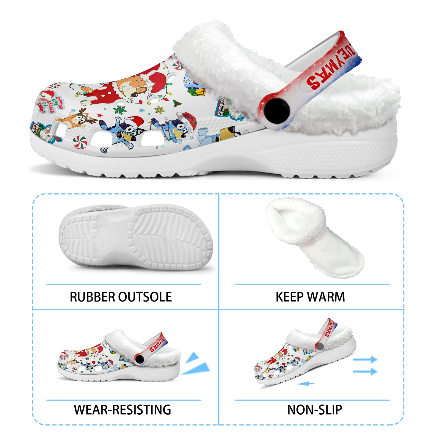 Merchidea Bluey x Christmas Crocs Crocband Fleece Lined Clogs Shoes Comfortable For Men Women and Kids In Winter