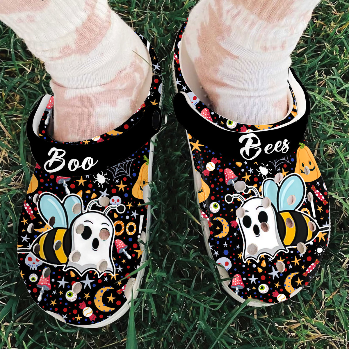 Merchidea Boo Bee Black Halloween Crocs Crocband Clogs Shoes Comfortable For Men Women and Kids