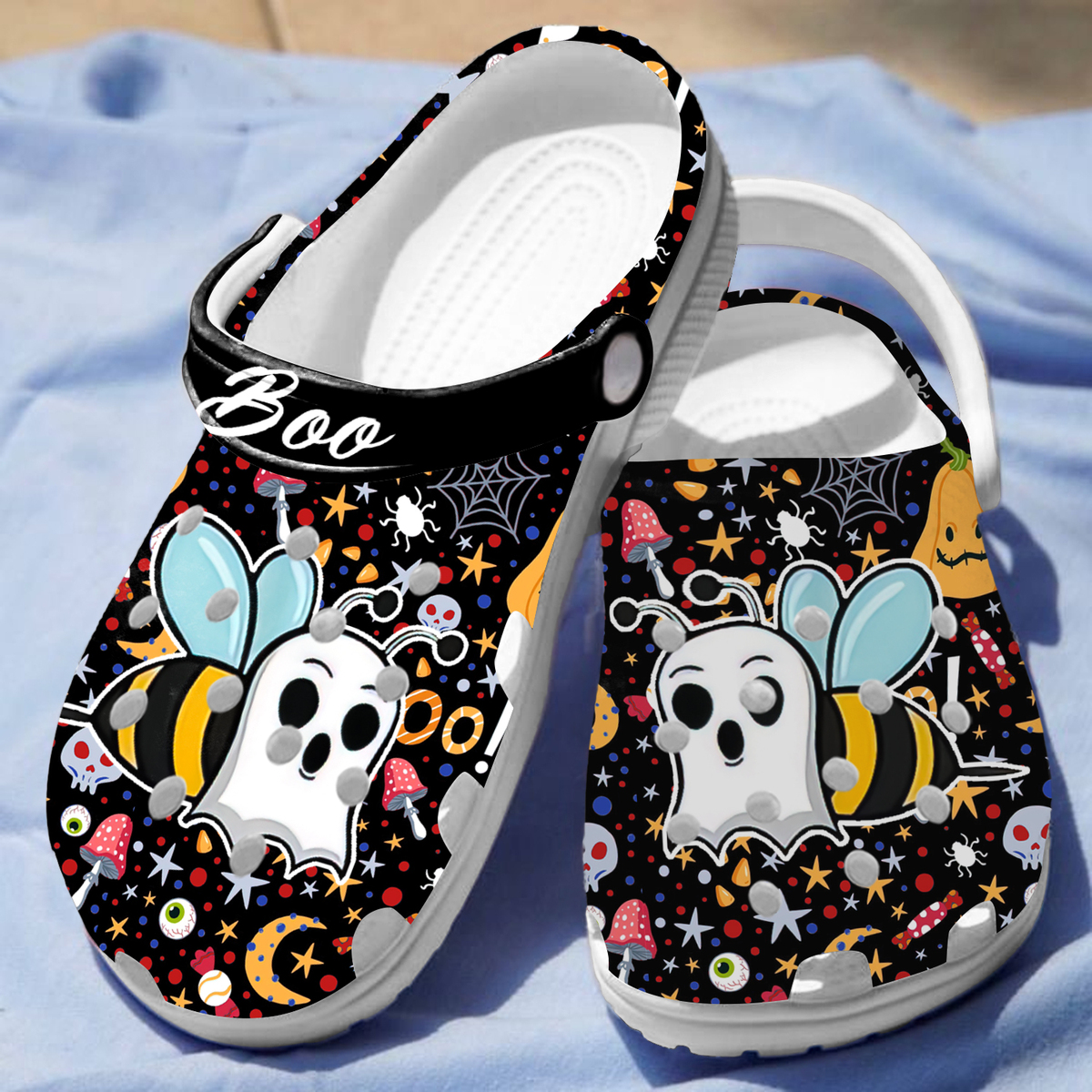 Merchidea Boo Bee Black Halloween Crocs Crocband Clogs Shoes Comfortable For Men Women and Kids