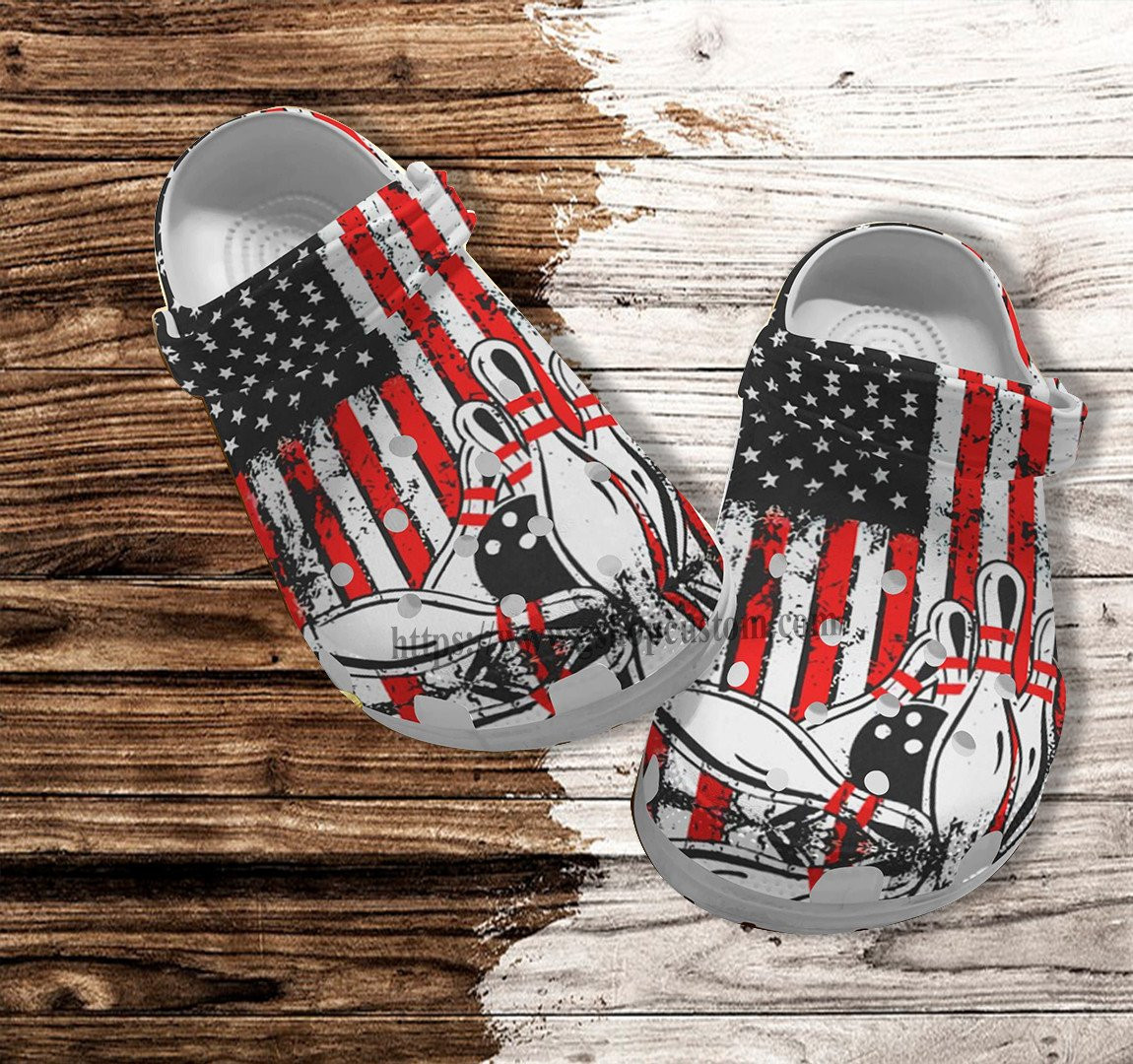 Merchidea Bowling America Flag Croc Shoes Gift Father Day 2022- Bowling 4Th Of July Shoes Croc Clogs Gift Men Women
