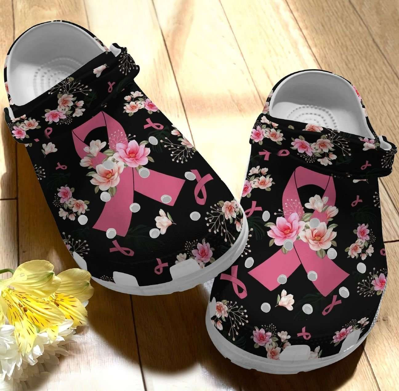 Merchidea Breast Cancer Awareness Pink Ribbon Flower Crocband Clog Shoes