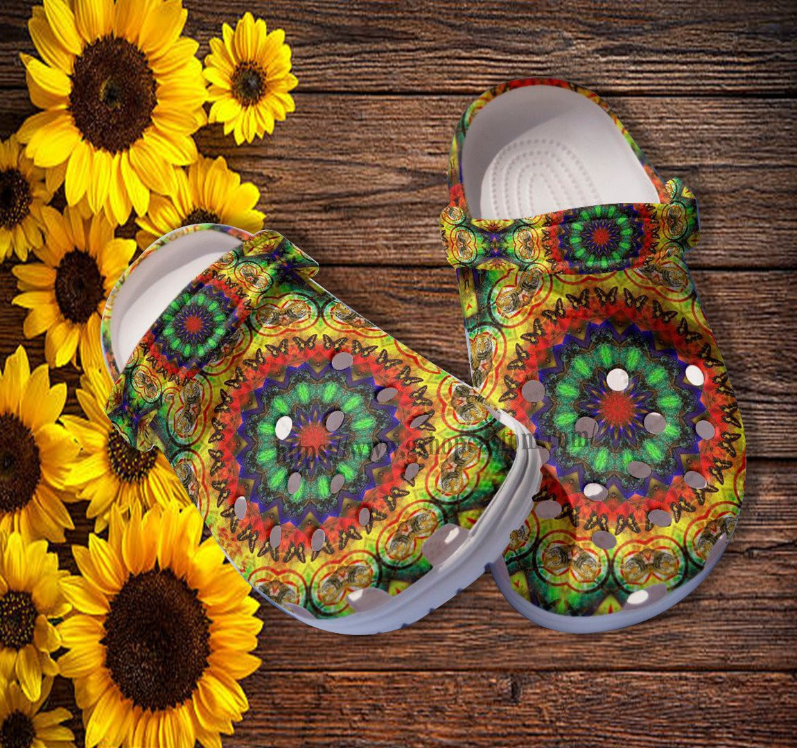 Merchidea Butterfly Boho Trippy Flower Croc Shoes - Boho Peace Hippie Shoes Croc Clogs