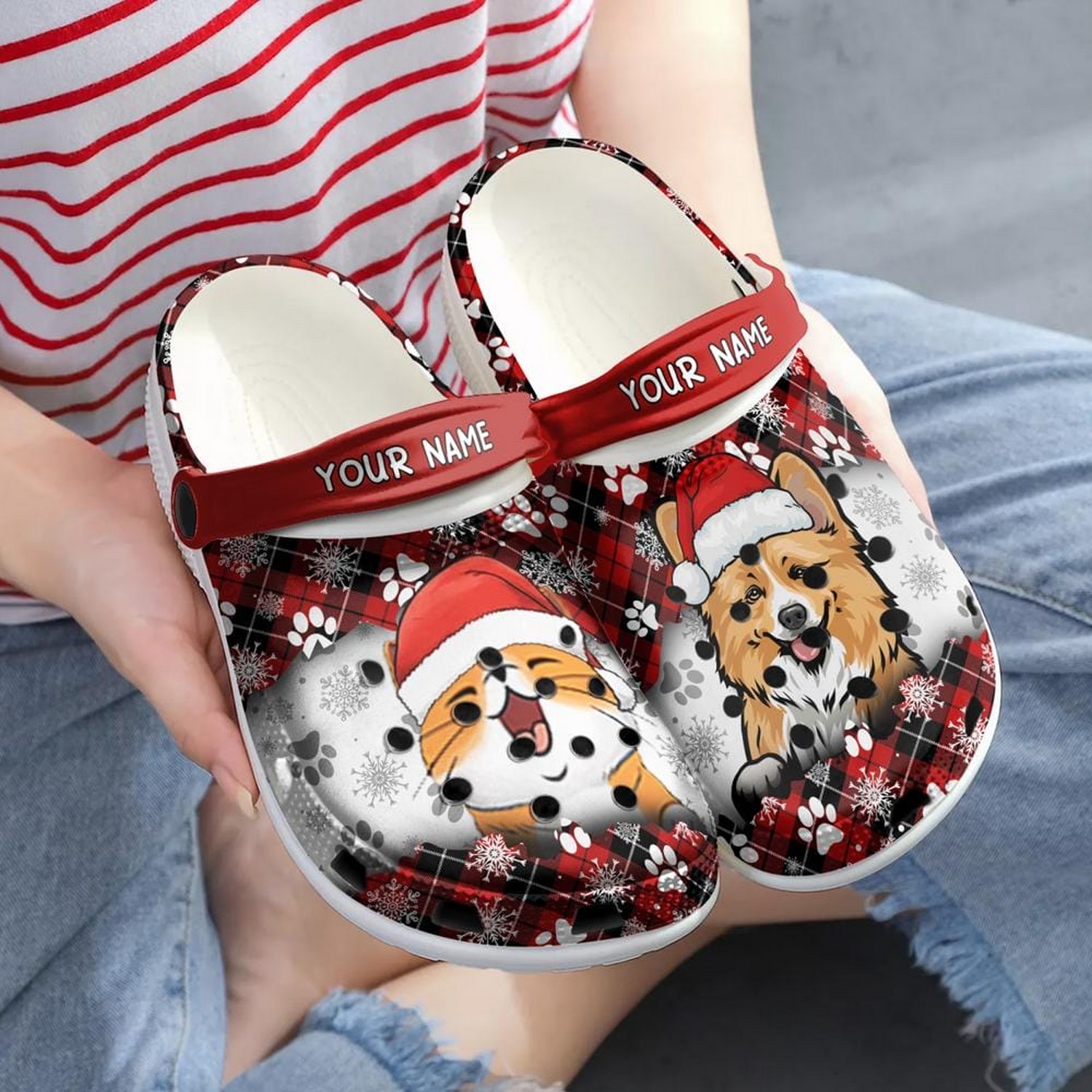 Merchidea Cat And Corgi Dog Merry Christmas Crocs Crocband Clogs Shoes Comfortable For Men Women and Kids