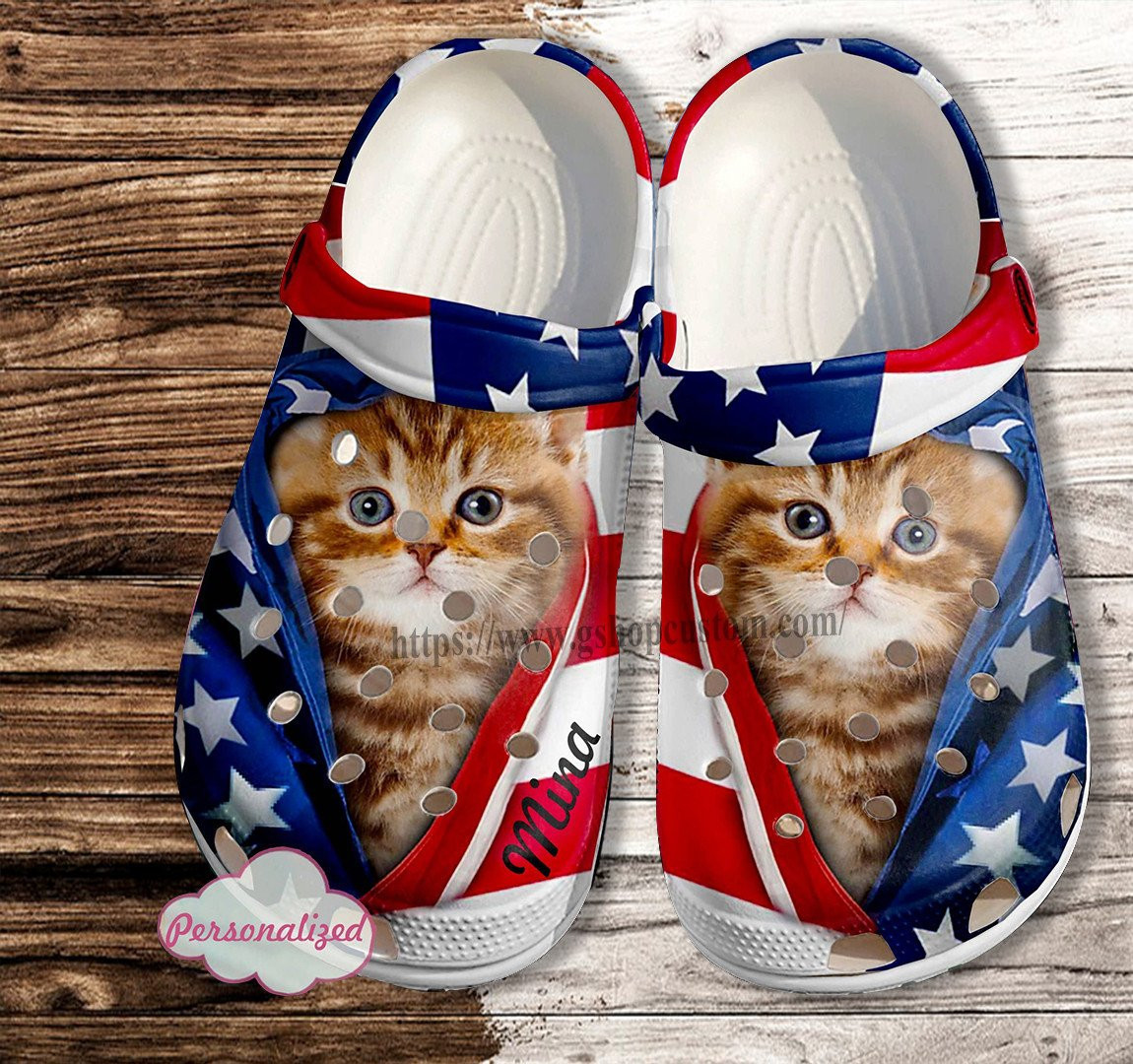 Merchidea Cat Usa Flag Shoes Gift Women Mother Day- 4Th Of July America Cat Flag Shoes Croc Clogs Customize