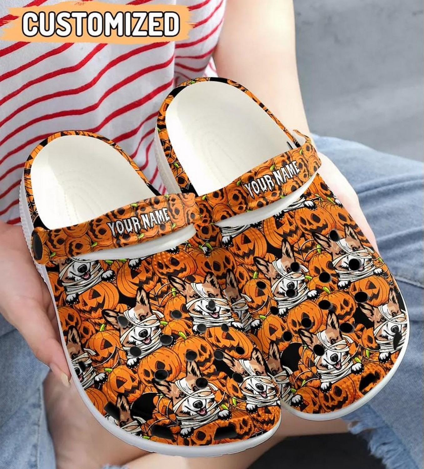 Merchidea Corgi And Pumpkin Happy Halloween Crocs Crocband Clogs Shoes Comfortable For Men Women and Kids