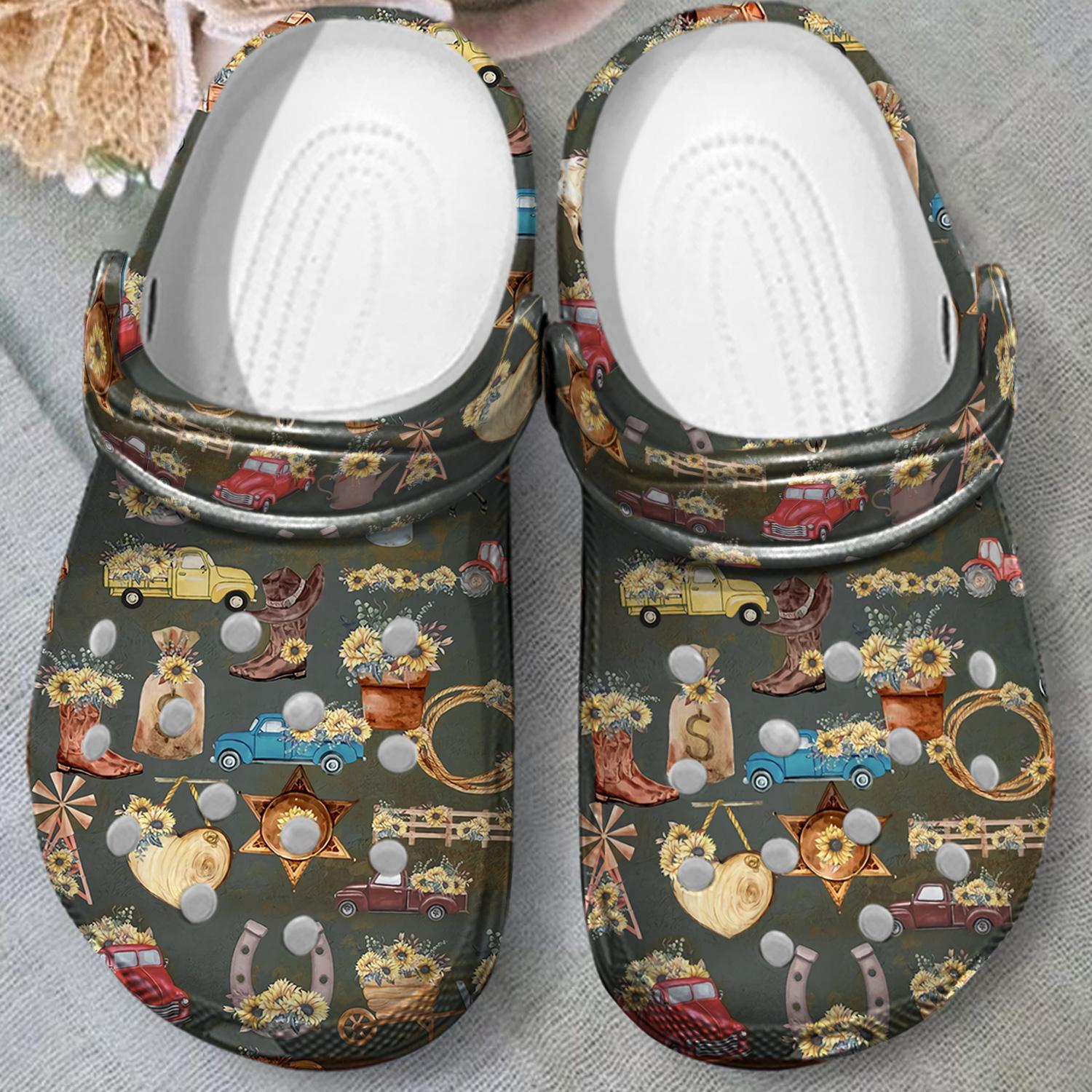 Merchidea Country Sunflower Cowgirl Crocs Crocband Clogs Shoes Comfortable For Men Women and Kids