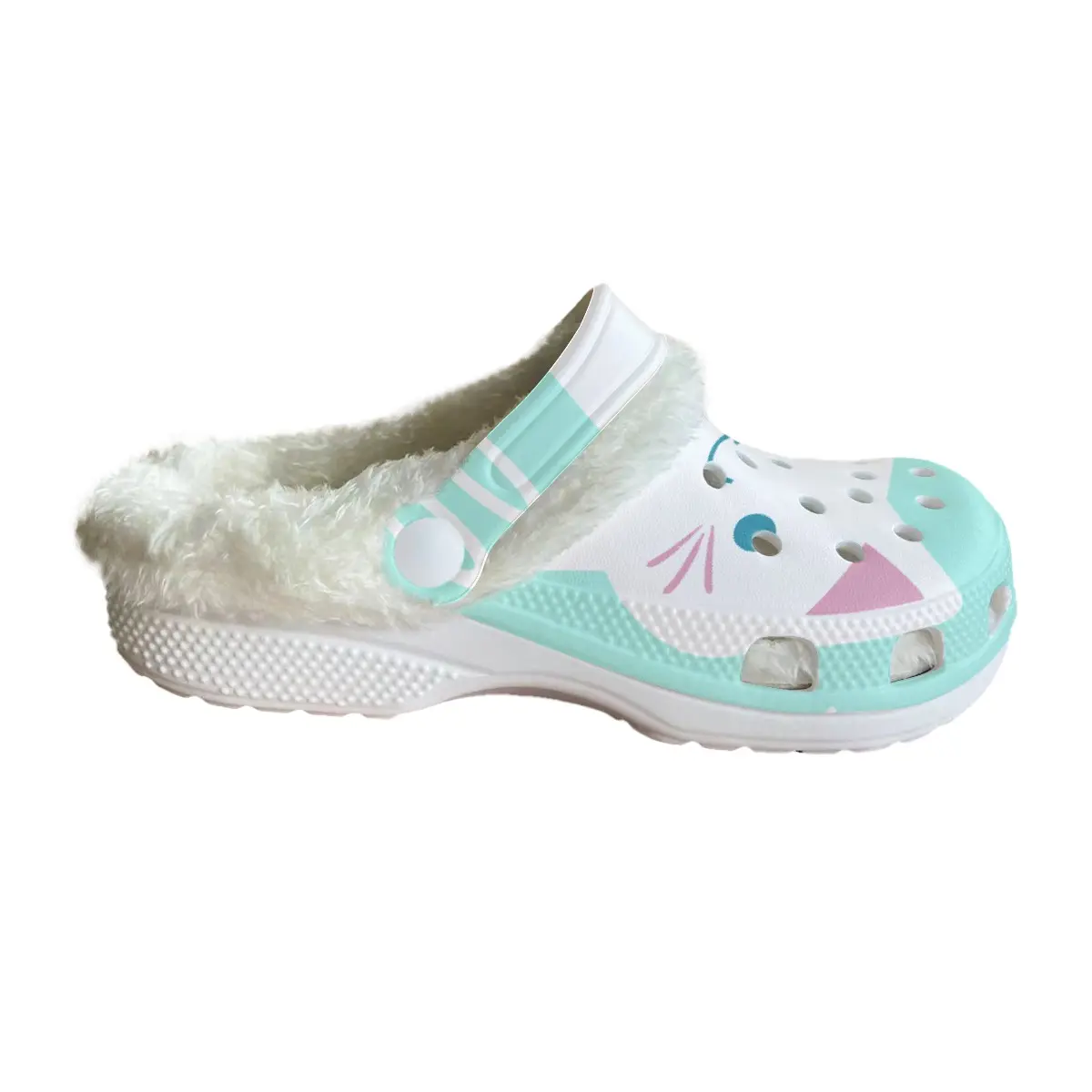 Merchidea Cutesy White Cat Crocs Crocband Fleece Lined Clogs Shoes Comfortable For Men Women and Kids In Winter