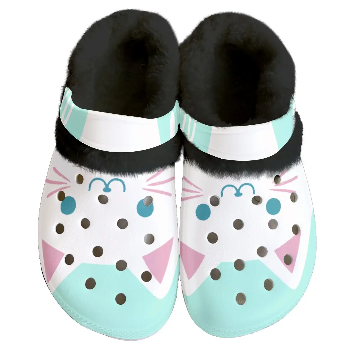 Merchidea Cutesy White Cat Crocs Crocband Fleece Lined Clogs Shoes Comfortable For Men Women and Kids In Winter