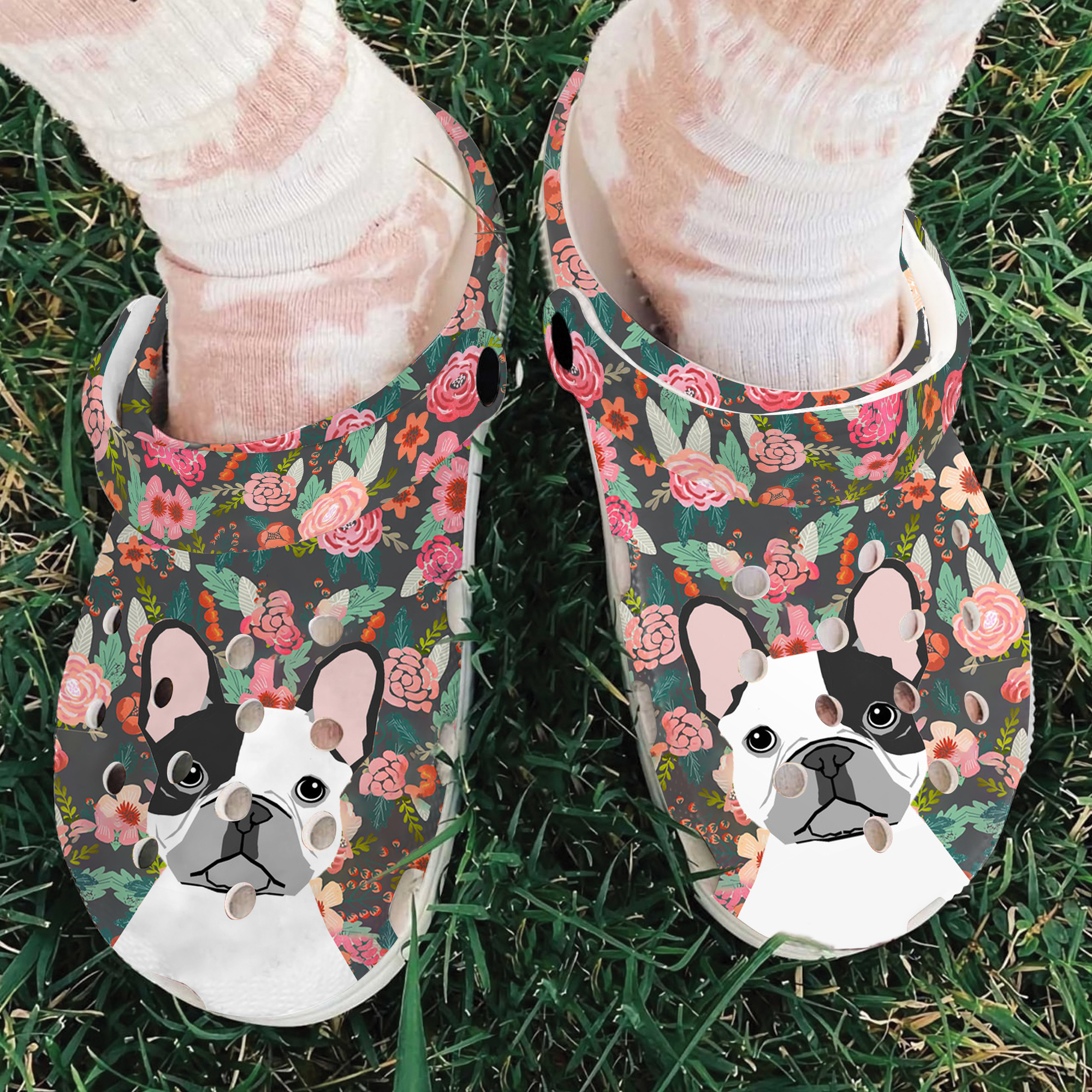 Merchidea Floral French Bull Dog Crocs Crocband Clogs Shoes Comfortable For Men Women and Kids