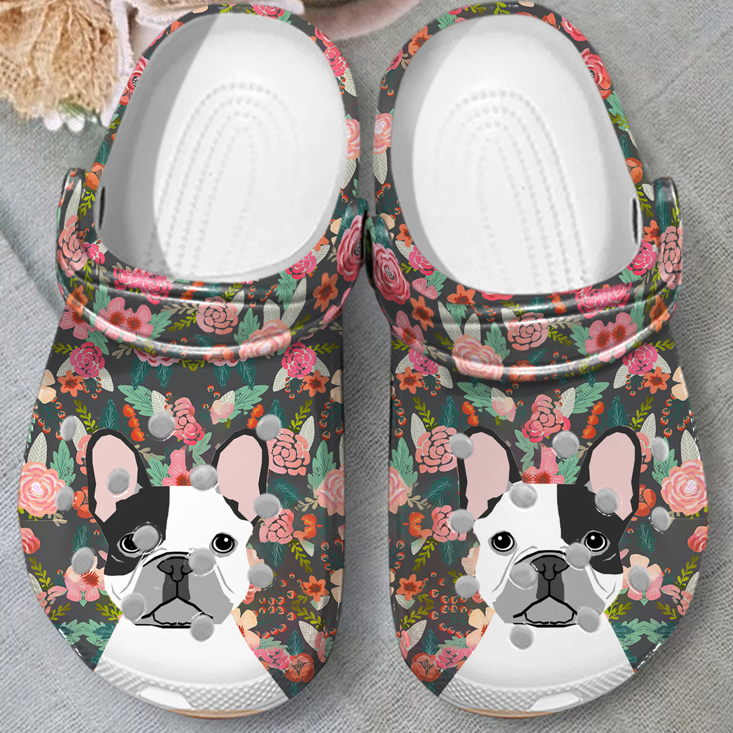Merchidea Floral French Bull Dog Crocs Crocband Clogs Shoes Comfortable For Men Women and Kids
