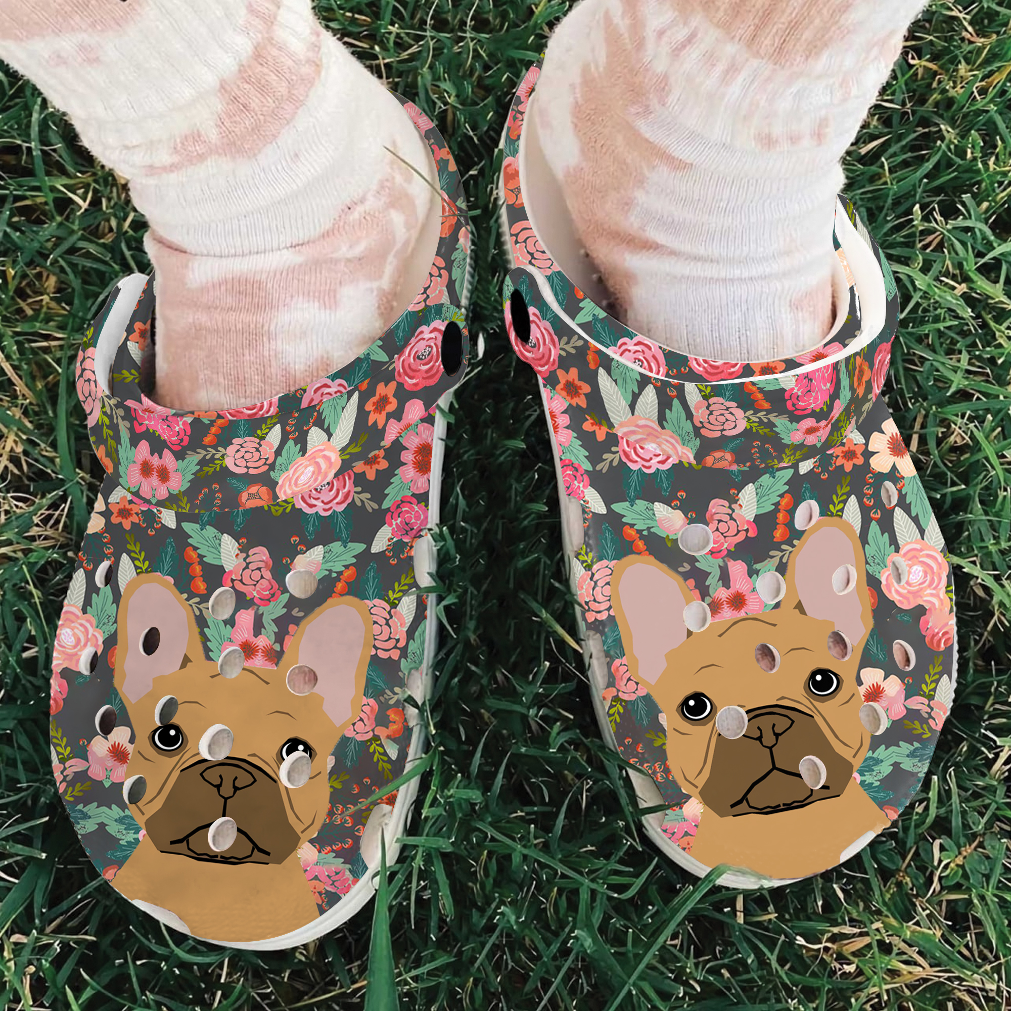 Merchidea Floral French Bull Dog Crocs Crocband Clogs Shoes Comfortable For Men Women and Kids