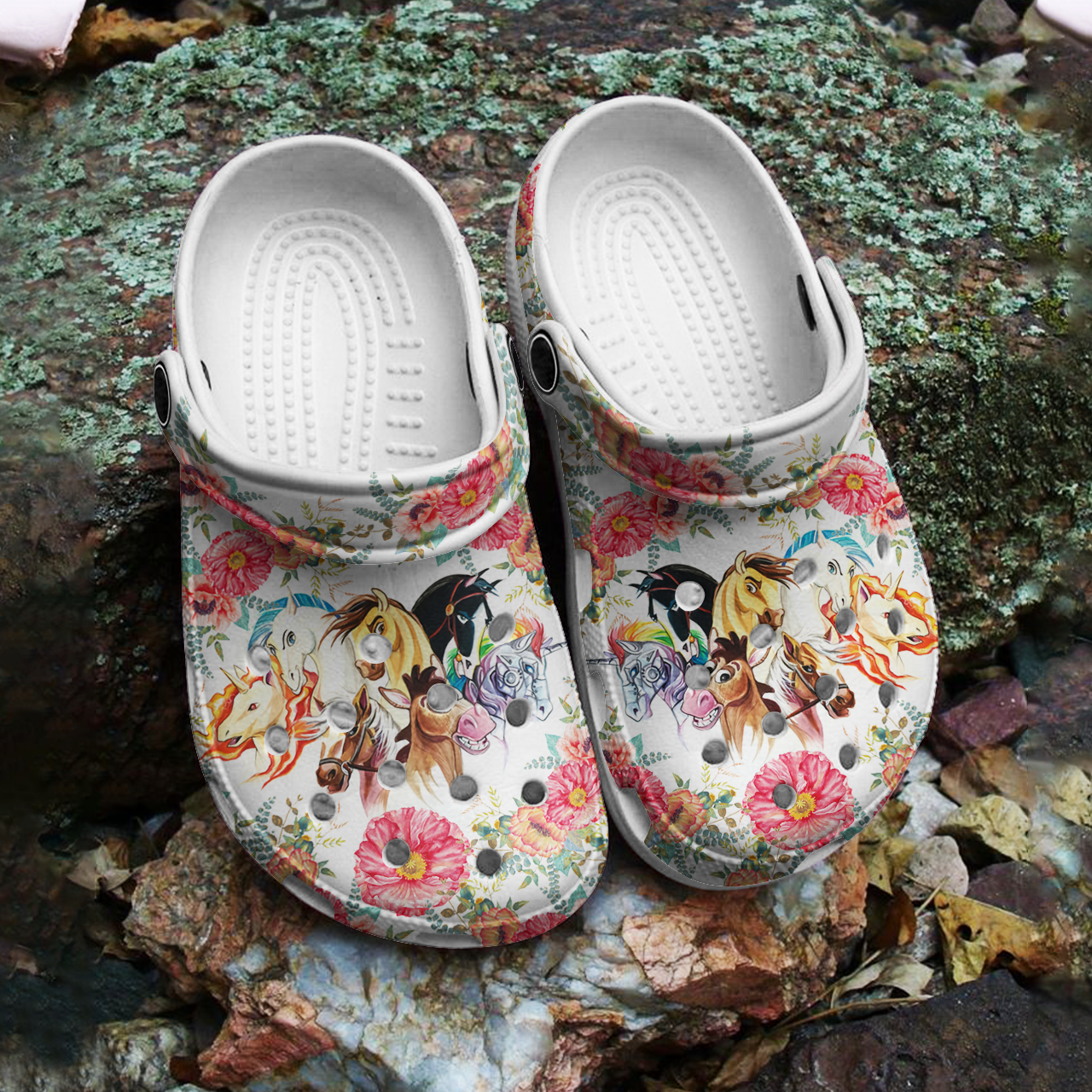 Merchidea Flower Horse Crocs Crocband Clogs Shoes Comfortable For Men Women and Kids