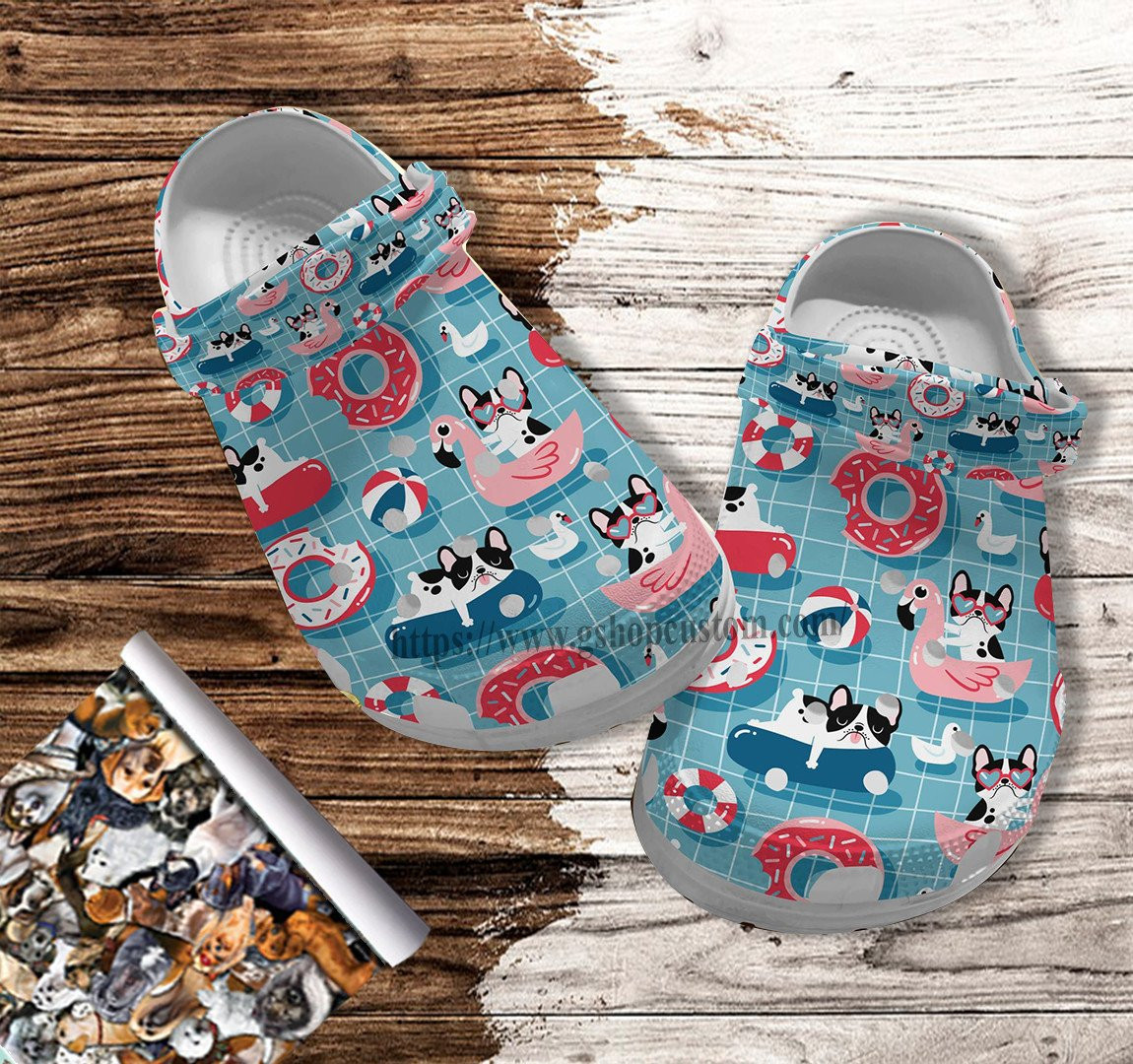Merchidea France Bull Dog Pool Party Swimming Croc Shoes Gift Mother Day- Bull Dog Mom Shoes Croc Clogs Gift Women