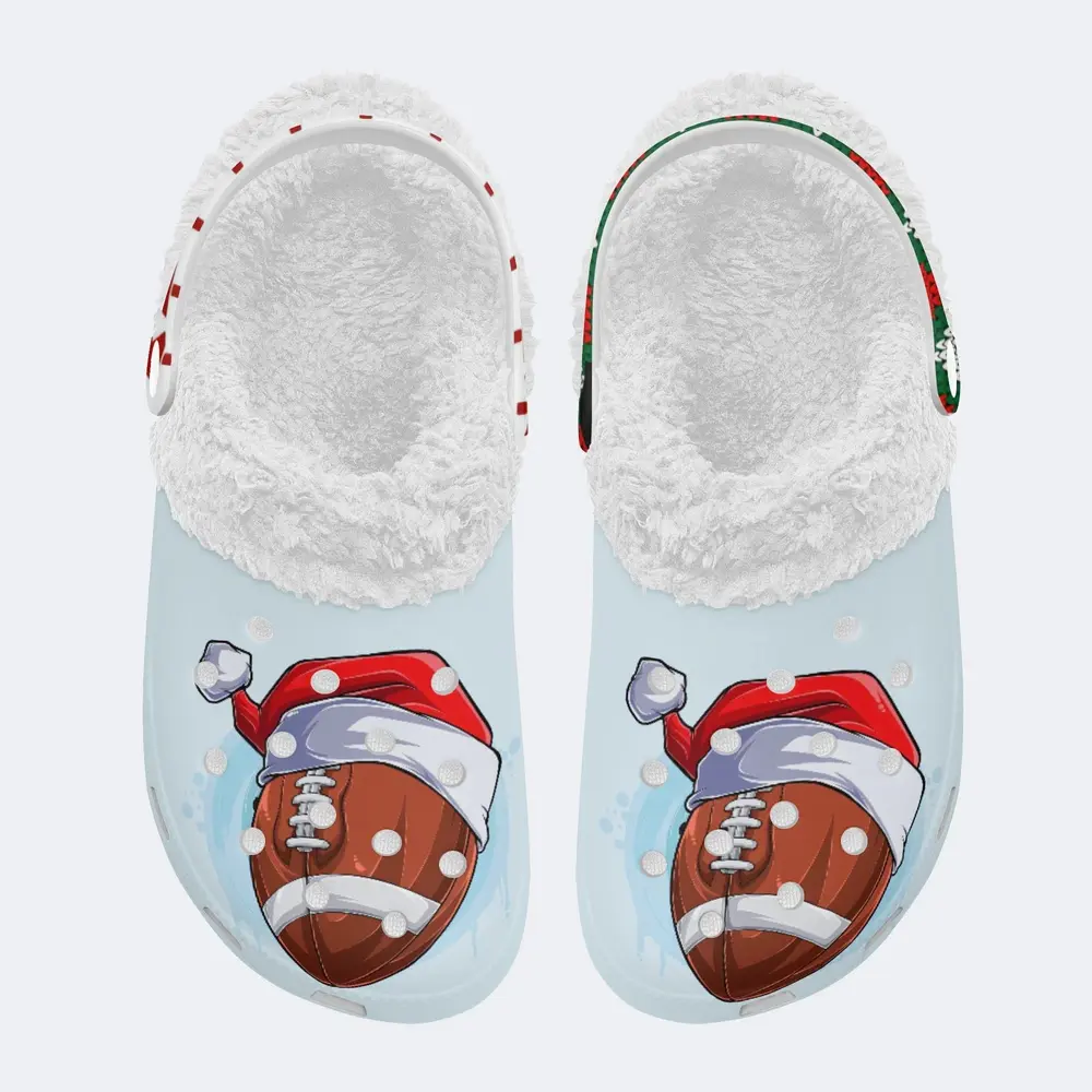 Merchidea Funny Football x Santa Hat Christmas Crocs Crocband Fleece Lined Clogs Shoes Comfortable For Men Women and Kids In Winter