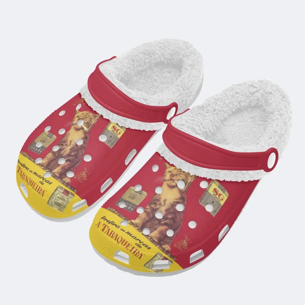 Merchidea Fuzzy Retro Cat Smoking Crocs Crocband Fleece Lined Clogs Shoes Comfortable For Men Women and Kids In Winter
