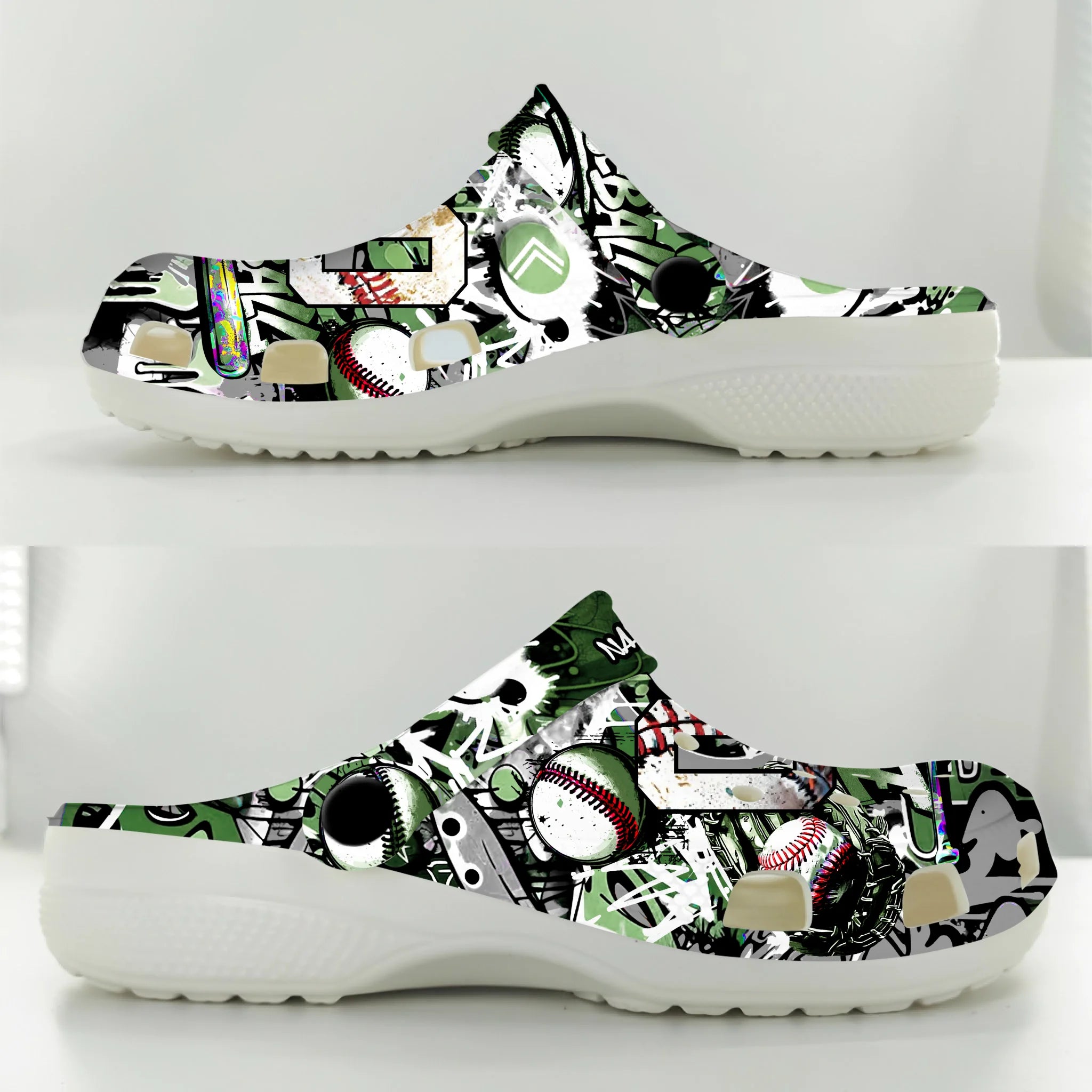 Merchidea Green Graffiti Baseball Sport Crocs Crocband Clogs Shoes Comfortable For Men Women and Kids