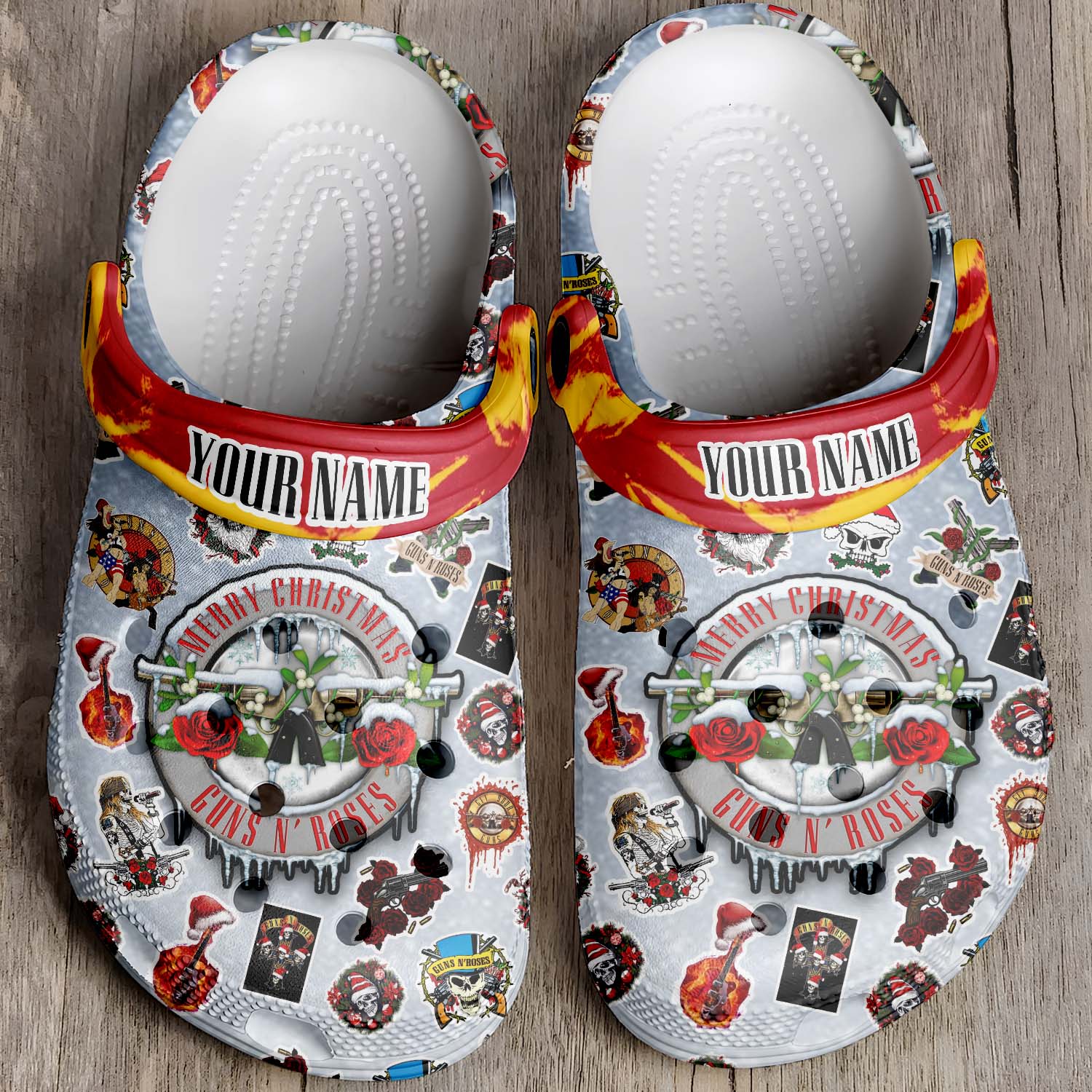 Merchidea Guns N' Rose x Christmas Music Crocs Crocband Clogs Shoes Comfortable For Men Women and Kids