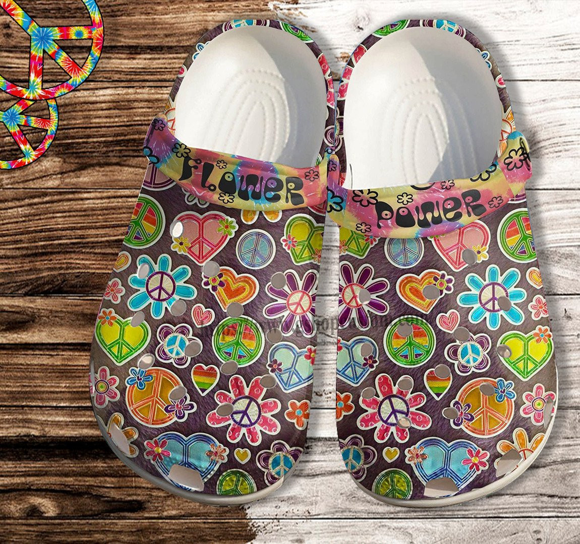 Merchidea Heart Hippie Peace Flower Sticker Croc Shoes For Women- Hippie Flower World Shoes Croc Clogs