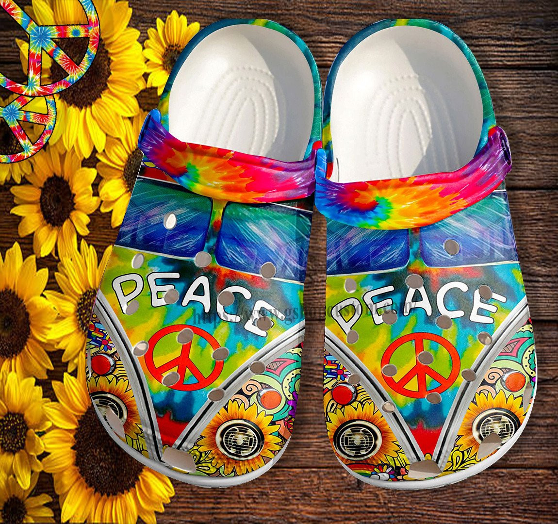 Merchidea Hippie Peace Bus Sunflower Croc Shoes- Rainbow Sunflower Peace Symbol Shoes Croc Clogs Gift Birthday Girl