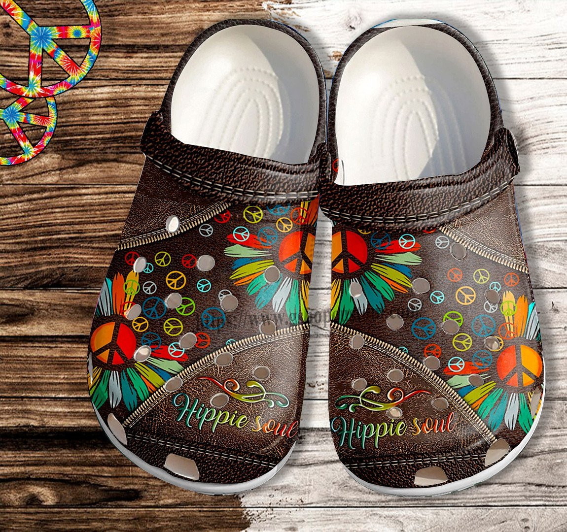 Merchidea Hippie Soul Peace Daisy Leather Croc Shoes- Daisy Rainbow Peace Love Shoes Croc Clogs Gift Birthday Girl