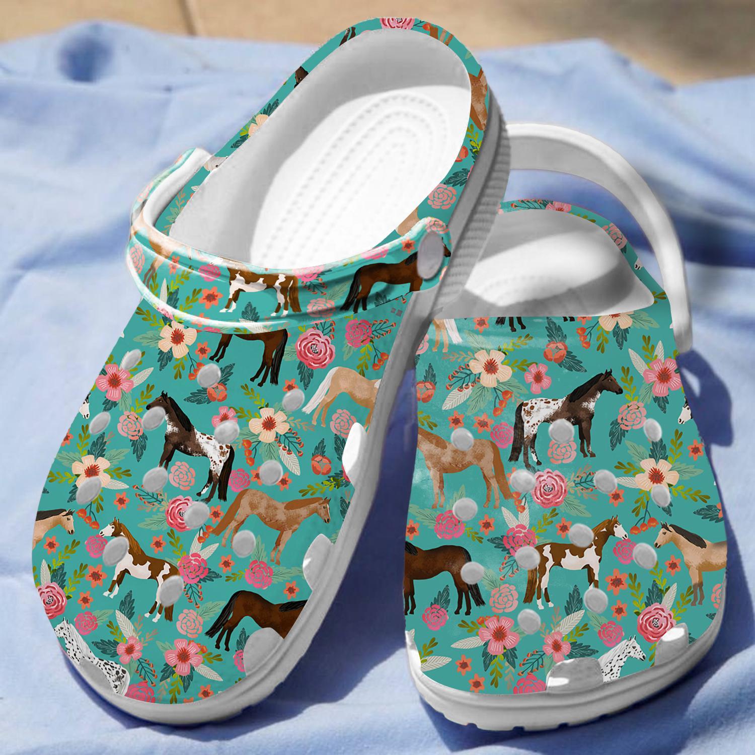 Merchidea Horse Collection Floral Crocs Crocband Clogs Shoes Comfortable For Men Women and Kids