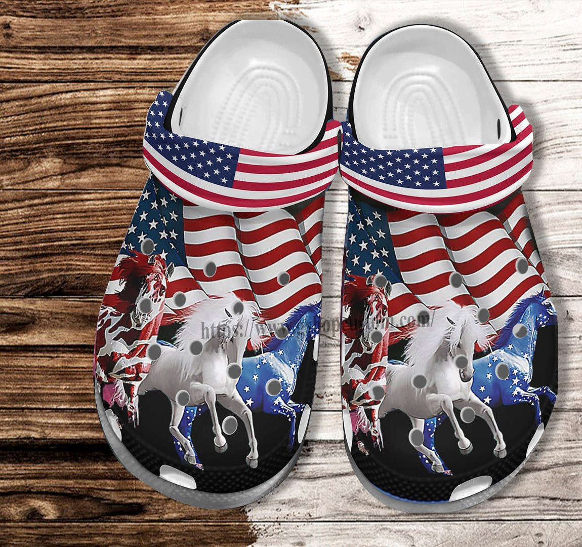 Merchidea Horses America Flag Croc Shoes Gift Men Women- Horses White Blue Red 4Th Of July Shoes Croc Clogs