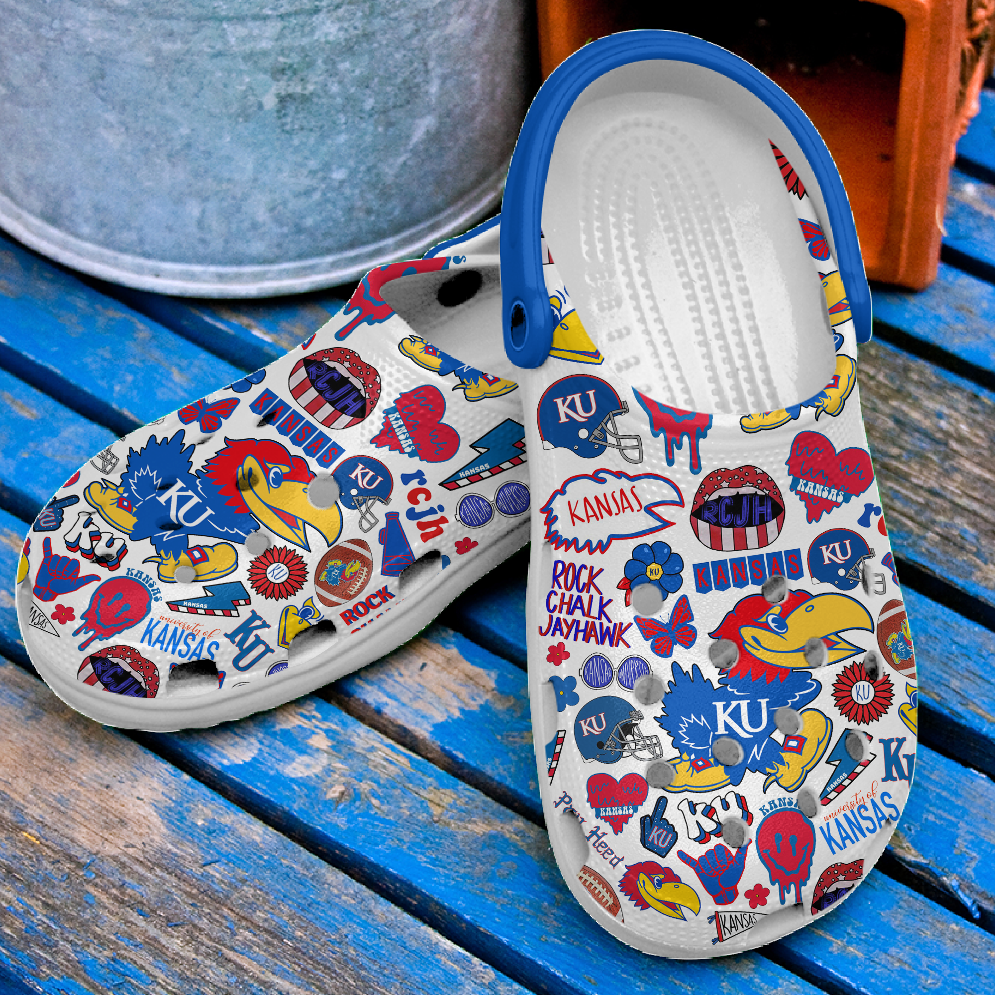 Merchidea Kansas Jayhawks NCAA Sport Crocs Crocband Clogs Shoes Comfortable For Men Women and Kids
