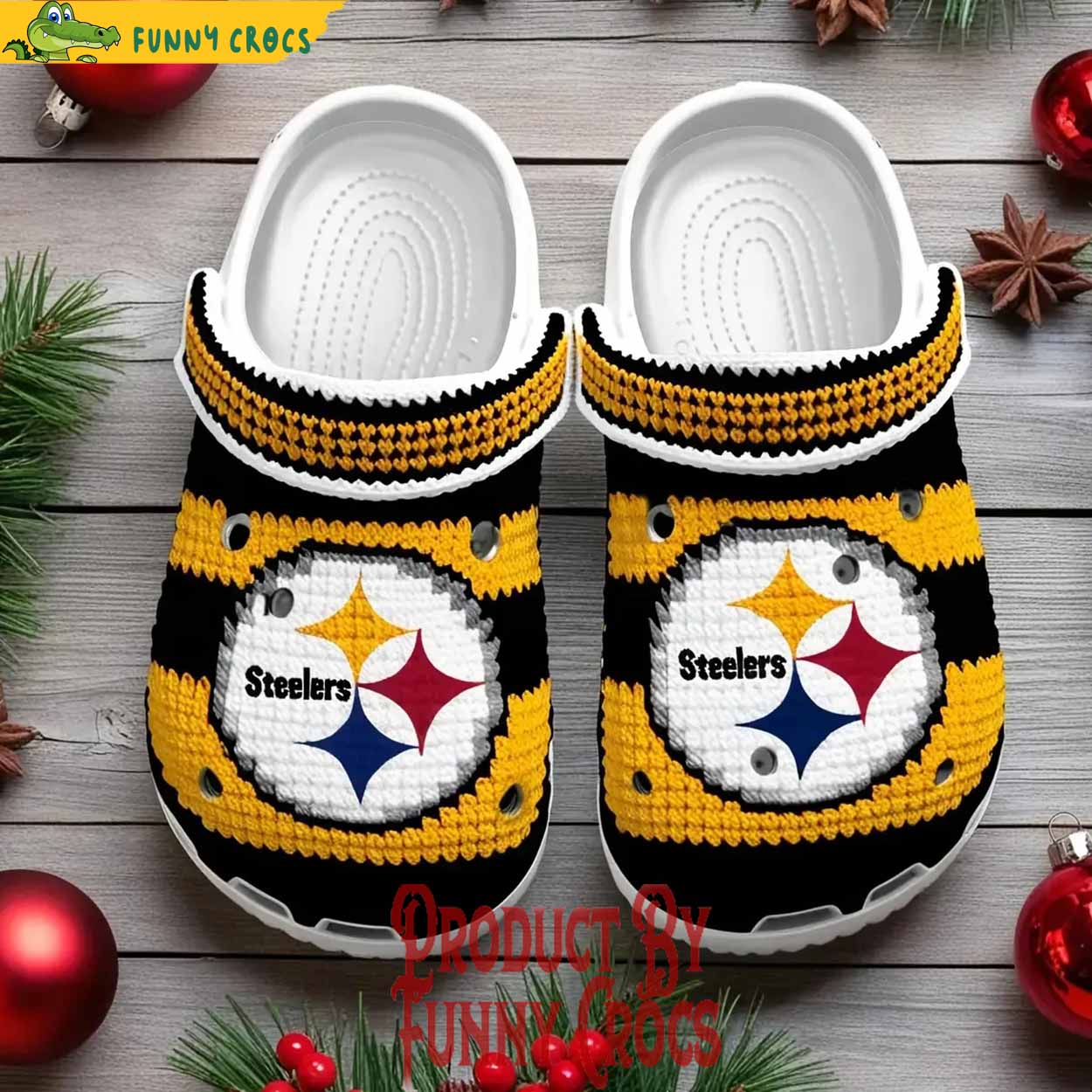 Merchidea Knit Effect Pittsburgh Steelers NFL Sport Christmas Crocs Crocband Clogs Shoes Comfortable For Men Women and Kids