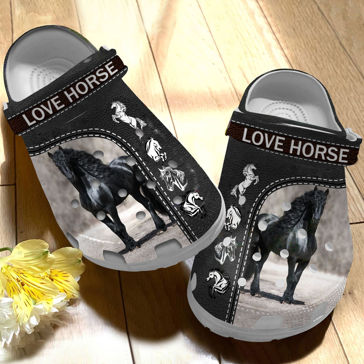 Merchidea Love Black Horse Crocs Crocband Clogs Shoes Comfortable For Men Women and Kids