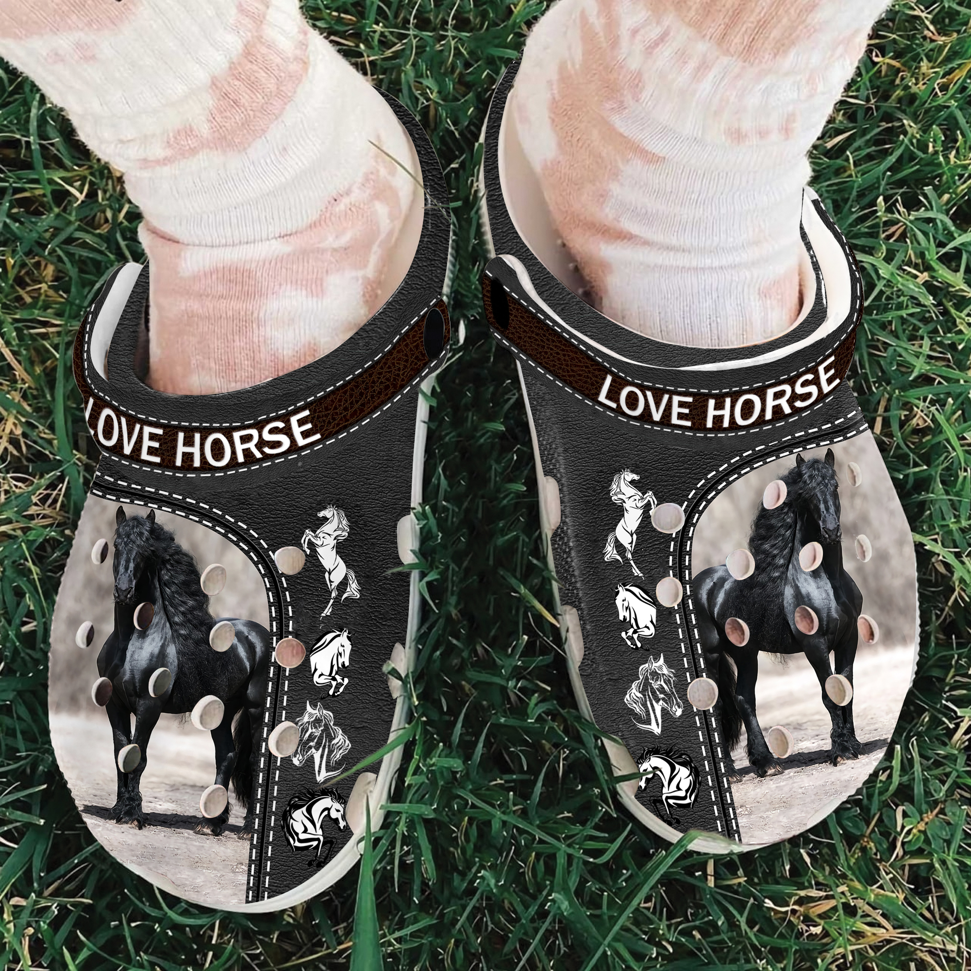 Merchidea Love Black Horse Crocs Crocband Clogs Shoes Comfortable For Men Women and Kids