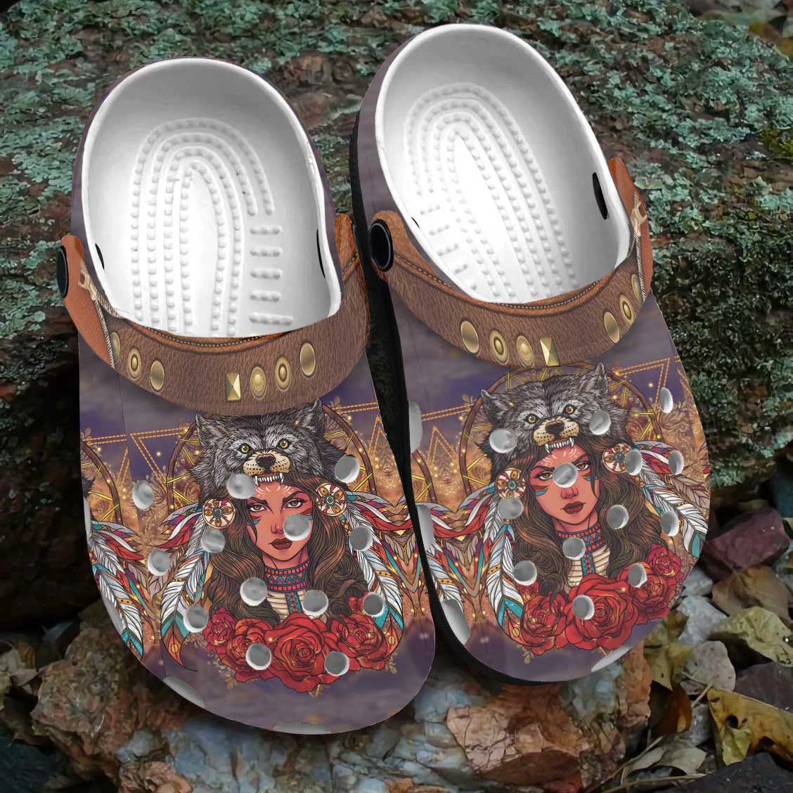 Merchidea Native American Wolf Girl Crocs Clog Shoes For Kid and Adult
