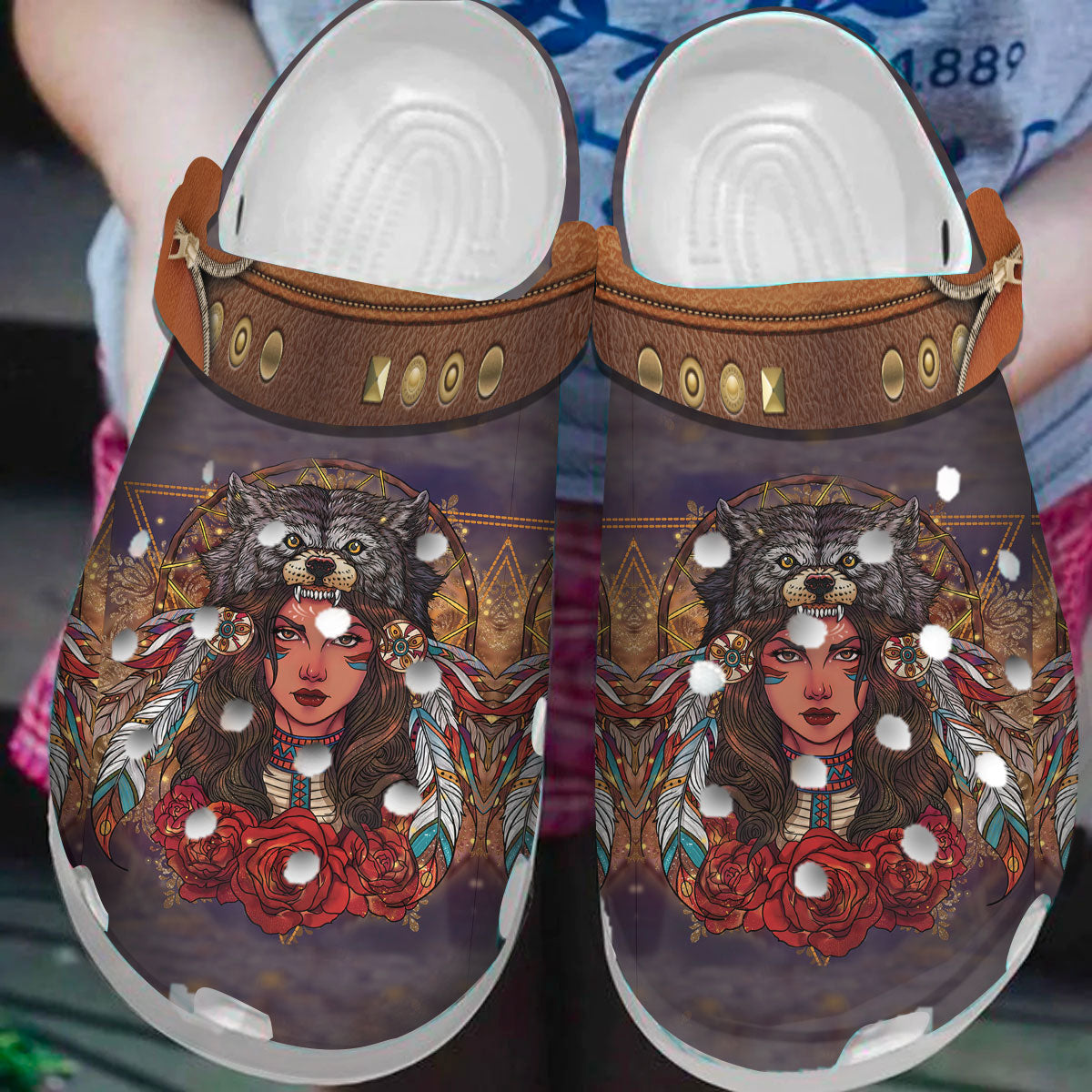 Merchidea Native American Wolf Girl Crocs Clog Shoes For Kid and Adult