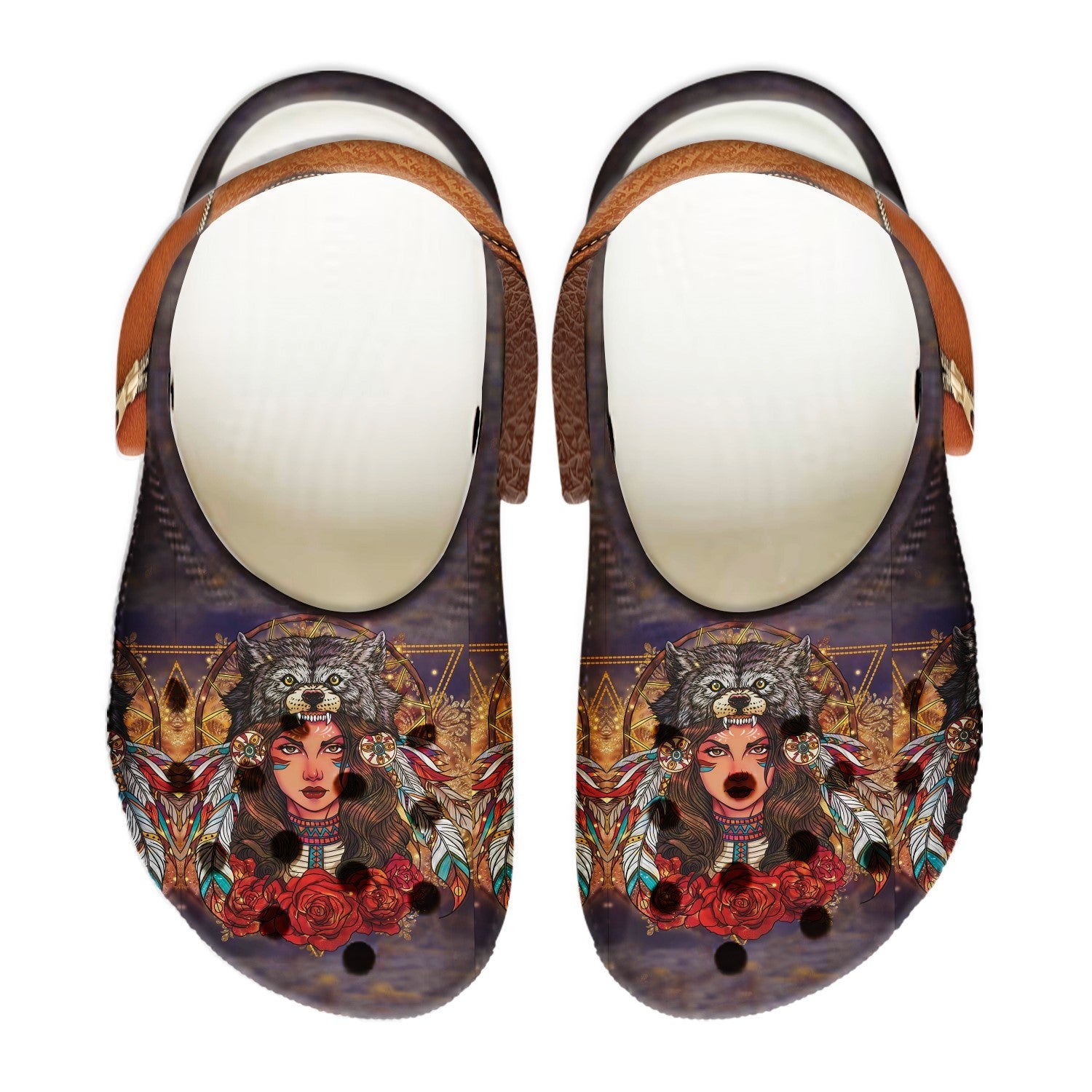 Merchidea Native American Wolf Girl Crocs Clog Shoes For Kid and Adult