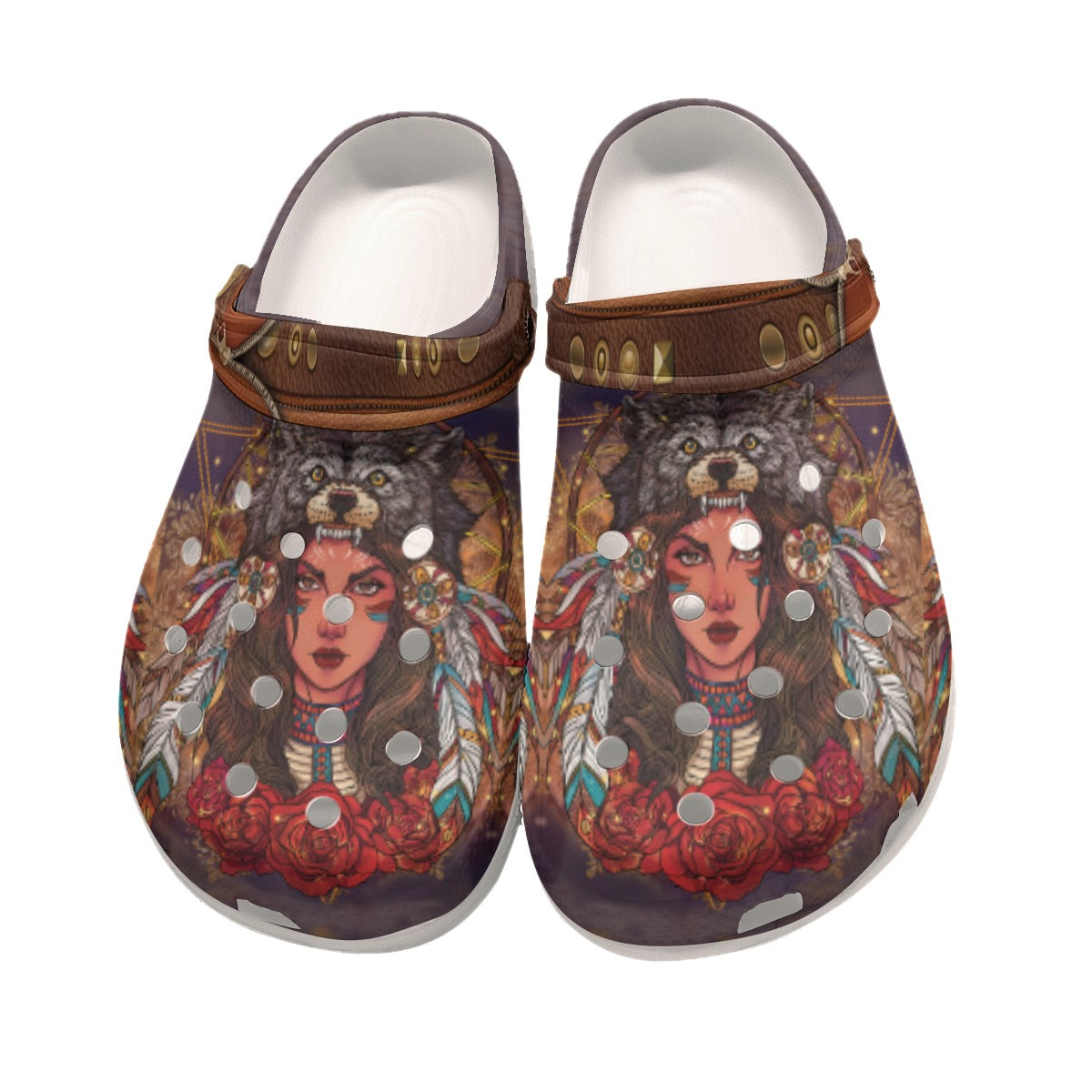 Merchidea Native American Wolf Girl Crocs Clog Shoes For Kid and Adult