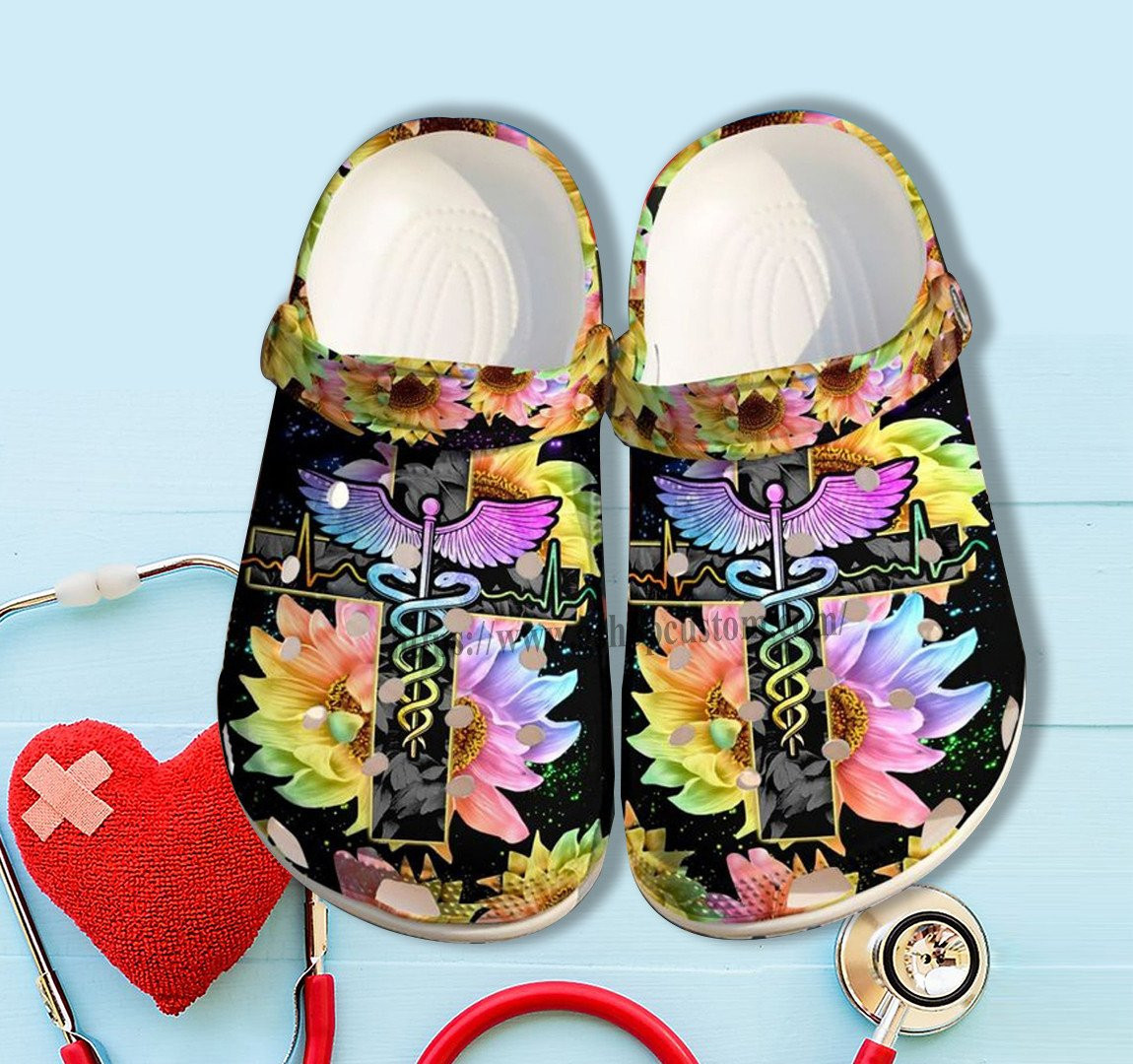 Merchidea Nurse Sunflower Faith God Cross Croc Shoes Gift Daughter- Cna Flower Rainbow Hippie Faith Croc Clogs Gift Mother Day