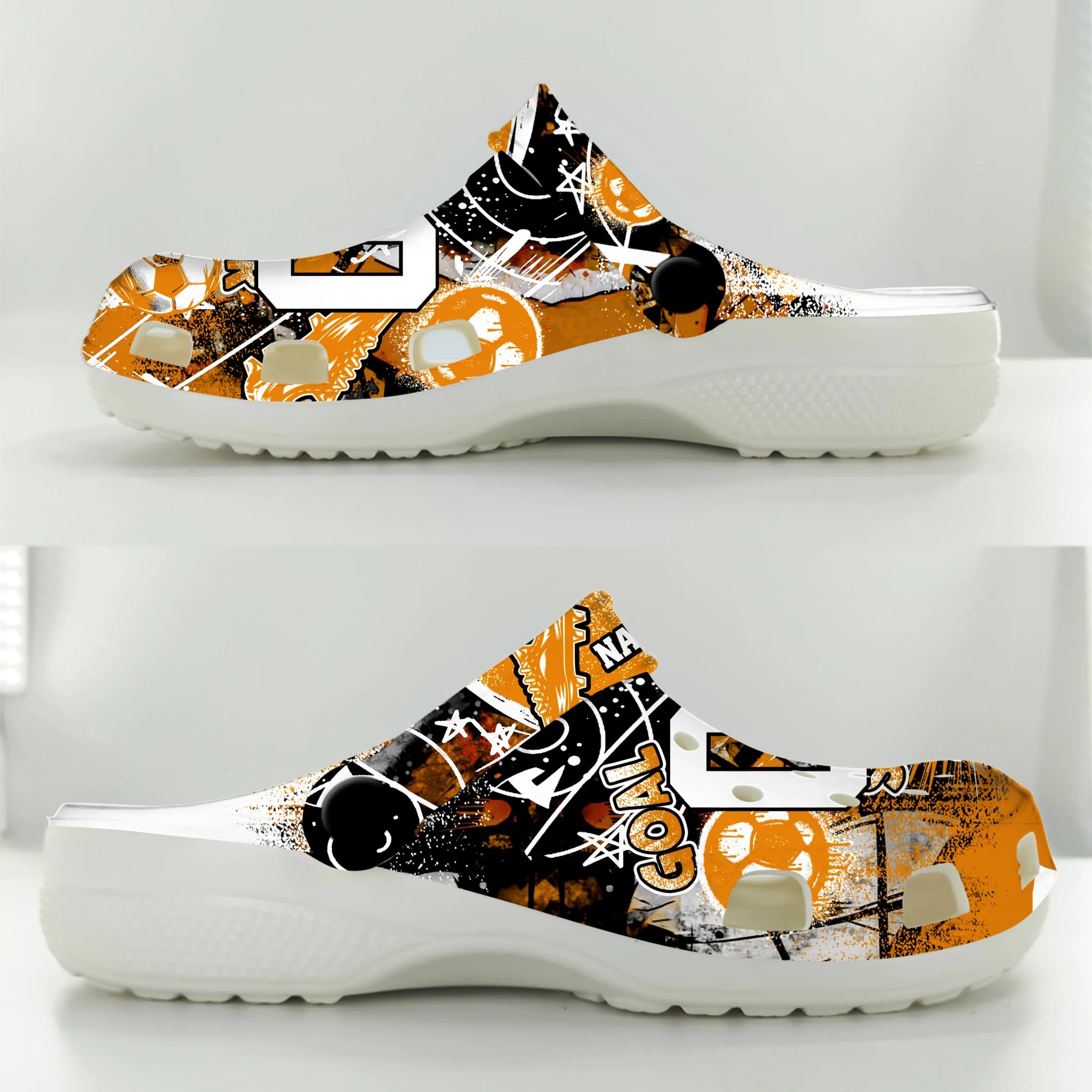 Merchidea Orange Graffiti Soccer Sport Crocs Crocband Clogs Shoes Comfortable For Men Women and Kids