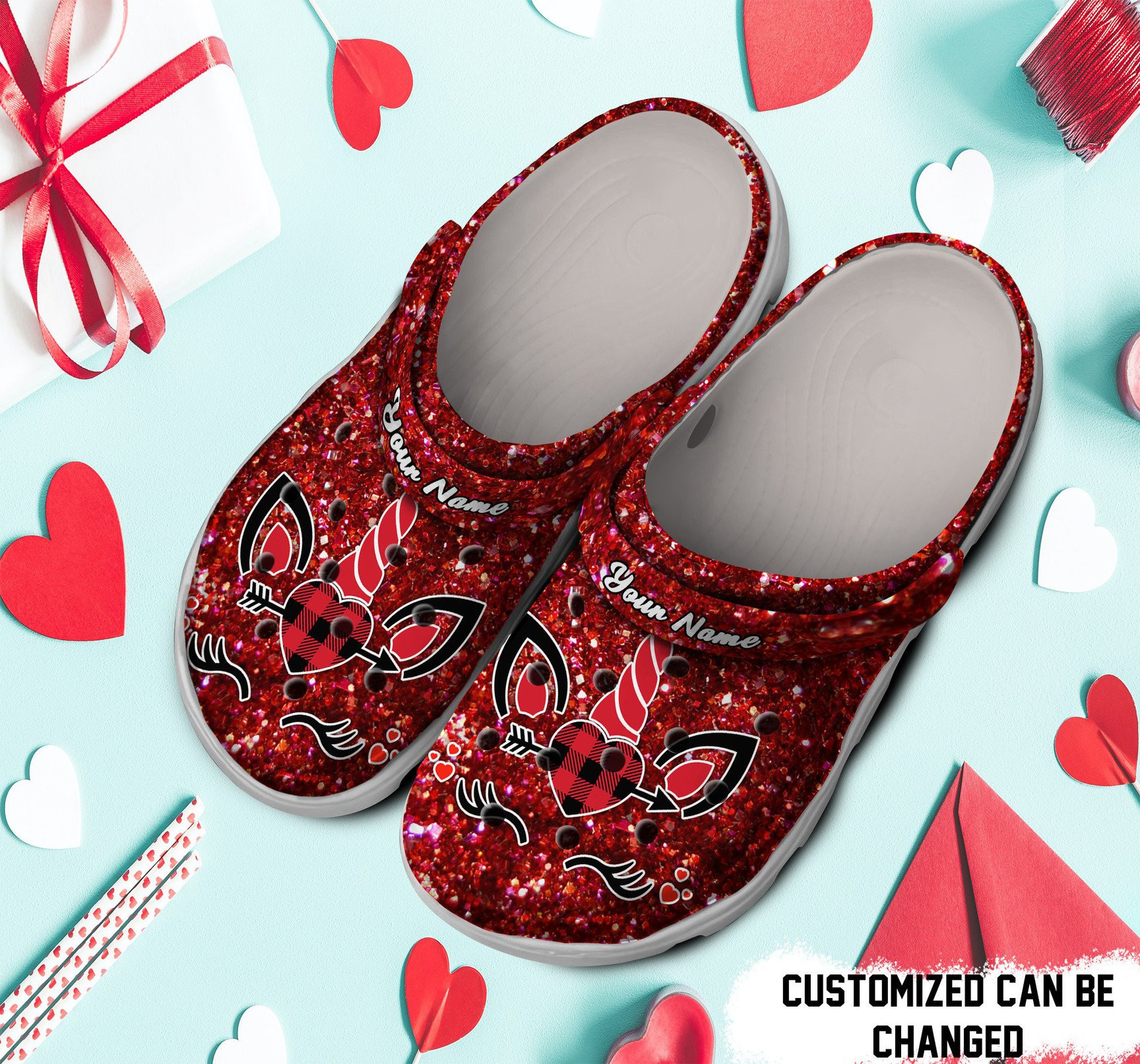 Merchidea Personalized Unicorn Heart Valentine Glitter clog Shoes