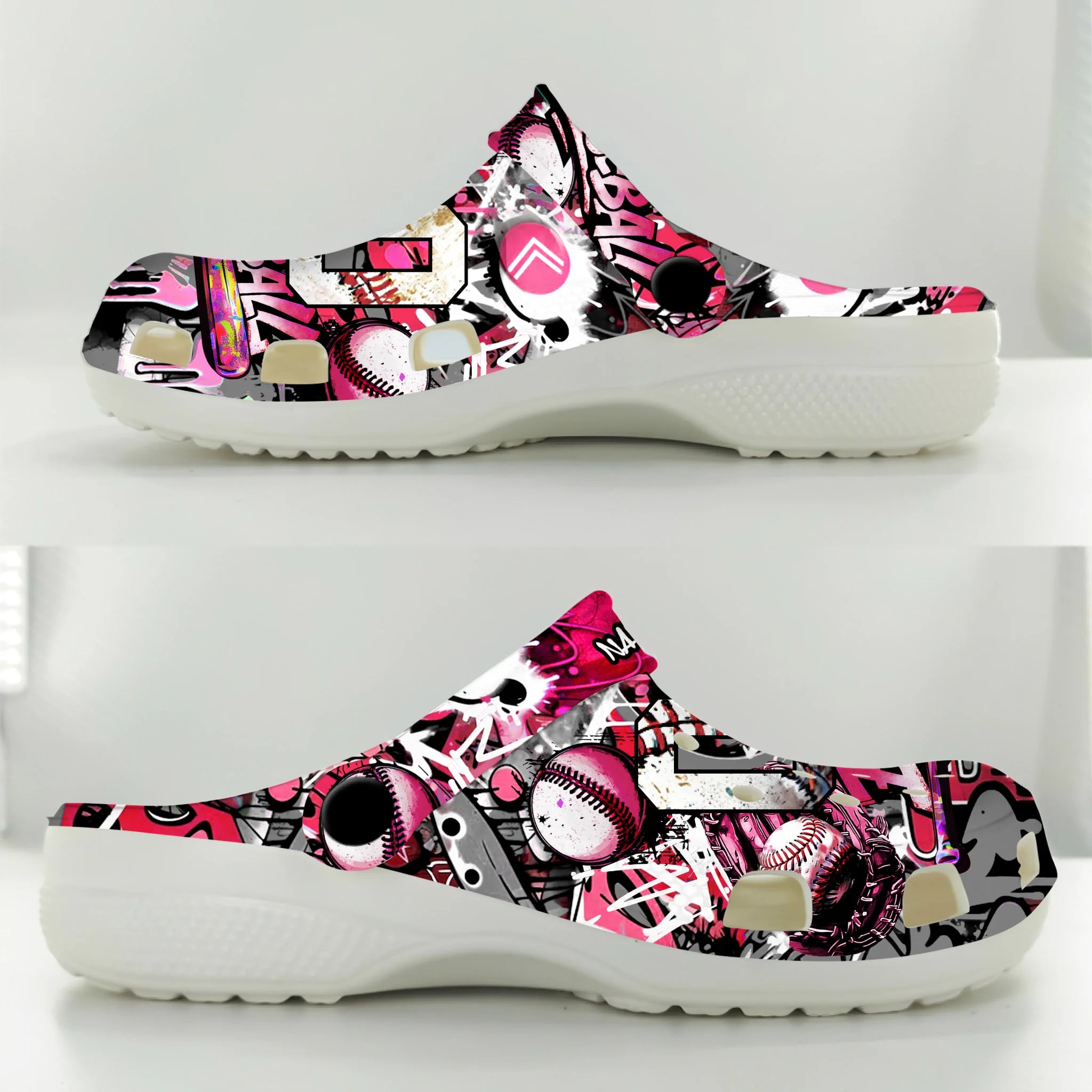 Merchidea Pink Graffiti Baseball Sport Crocs Crocband Clogs Shoes Comfortable For Men Women and Kids