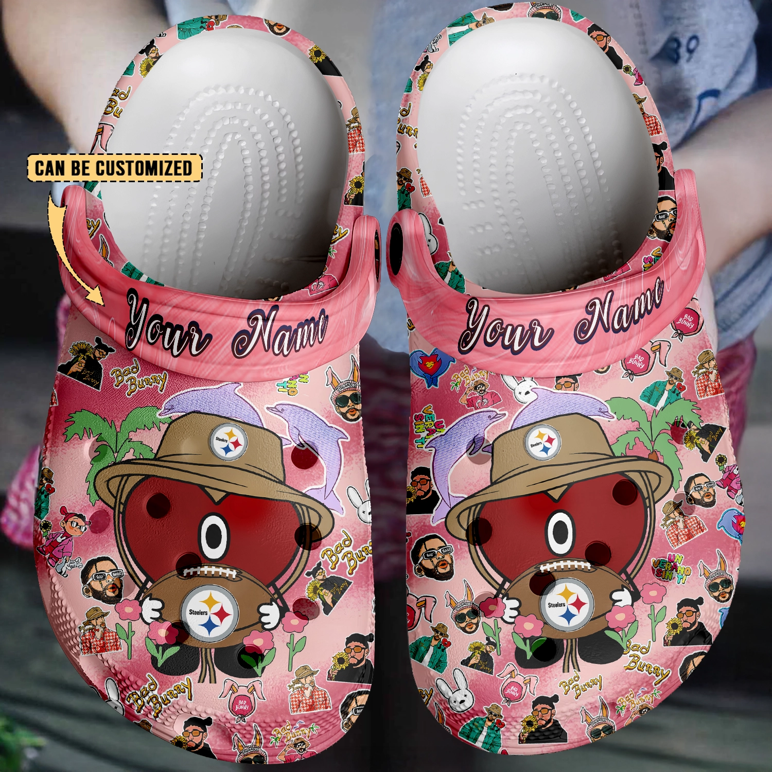 Merchidea Pittsburgh Steelers x Bad Bunny Crocs Crocband Clogs Shoes Comfortable For Men Women and Kids